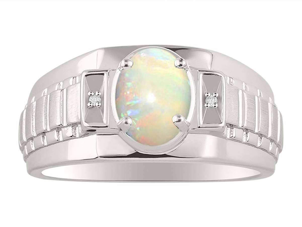 14K White Gold Men's Rings with Oval Gemstone & Diamond - Classic Designer Birthstone Rings for Men (Sizes 8-13) | Perfect for Weddings, Anniversaries & Special Occasions