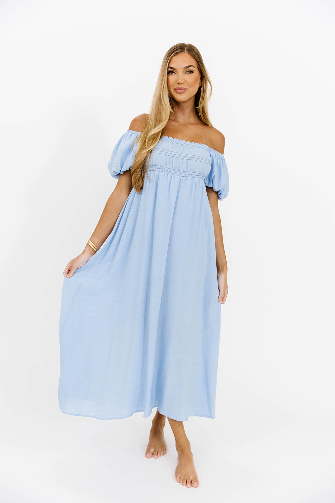 Belle Puff Sleeve Maxi Dress - Flowy Long Summer Dress for Women in Baby Blue | Perfect for Beach Vacation, Wedding Guest, and Date Night Outfits