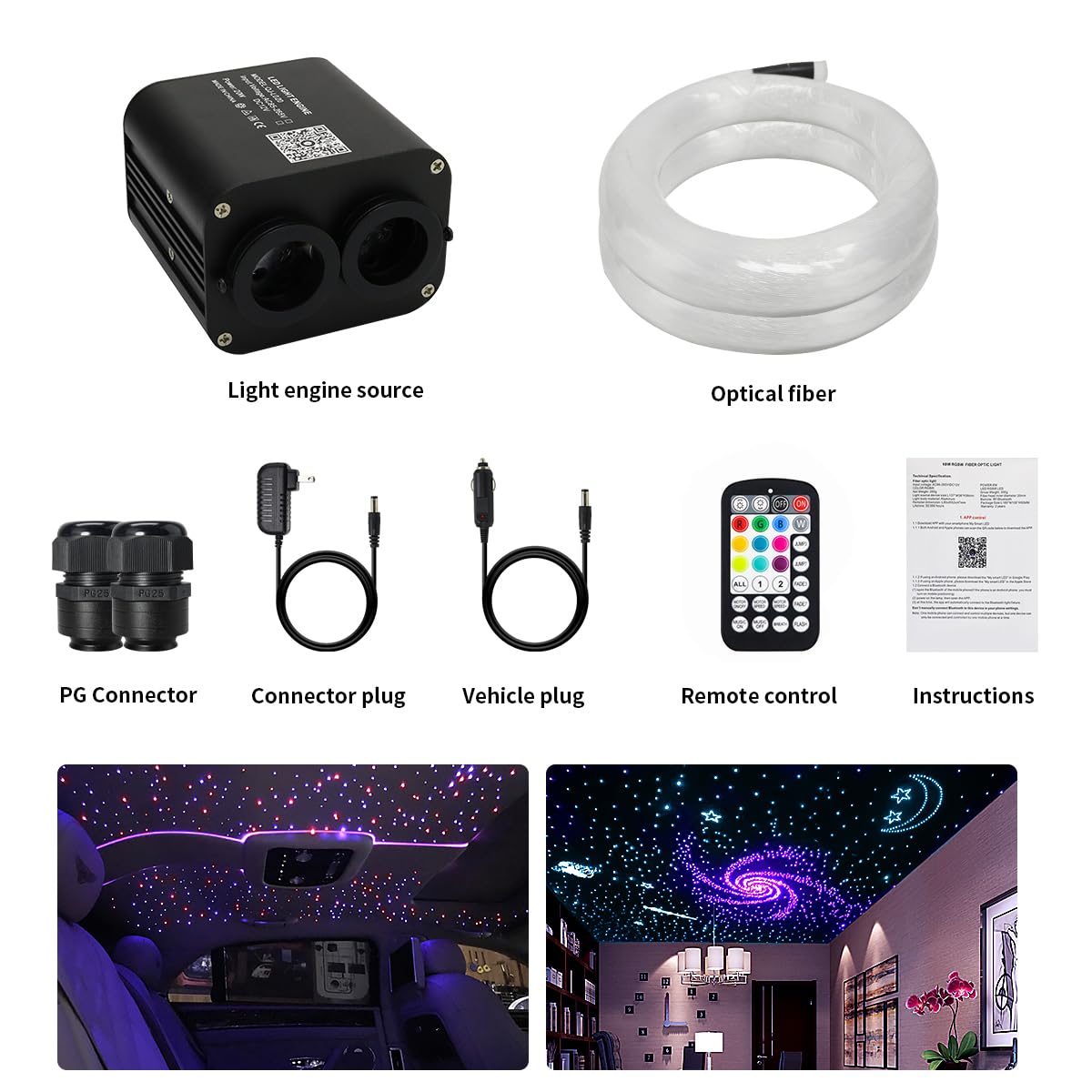 AZIMOM 20W Twinkle Fiber Optic Starlight Kit - 400pcs 0.03in x 9.8ft End Glow Strands, Sound Activated & APP Controlled RGBW Light Source for Home Ceiling, Car Headliner, Bedroom, Party, and Wedding Decorations