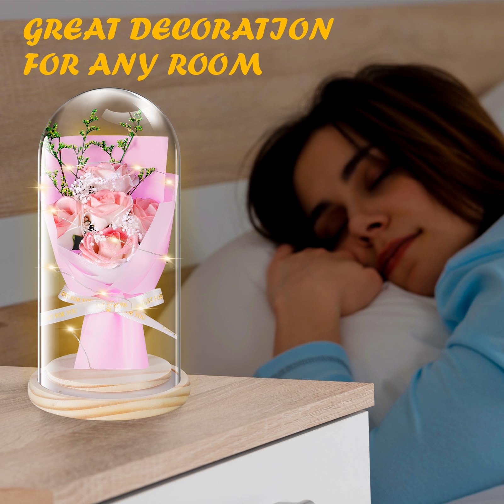 JUNYANG Preserved Rose in Glass Dome with LED Light - Eternal Pink Rose Bouquet Gift for Women, Mothers Day, Birthday, Anniversary - Perfect for Home Decor, Wedding Centerpiece, Romantic Surprise (Pink)