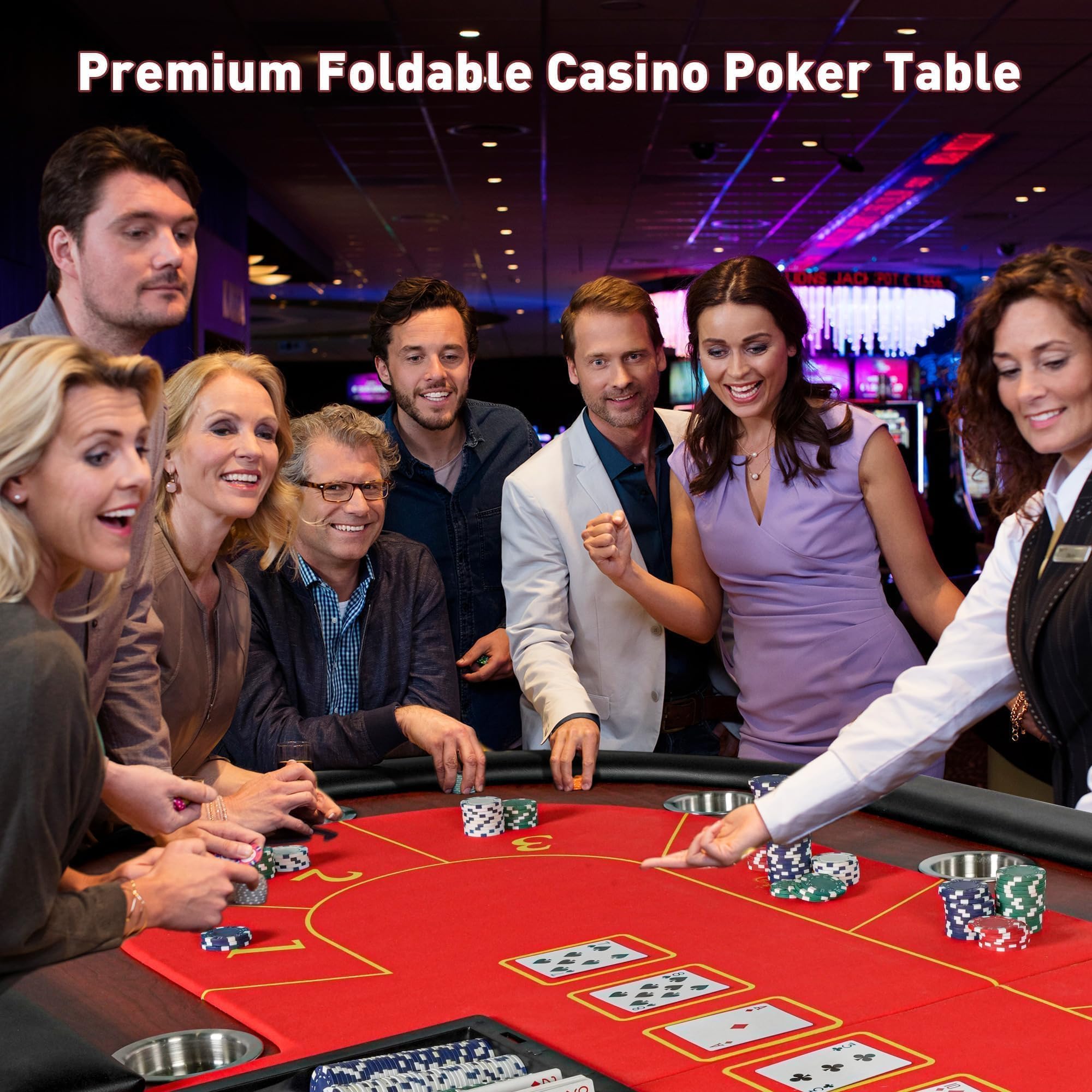 Premium 10 Player Foldable Poker Table with Cup Holders - 84 Inch Portable Texas Holdem Table with Chip Tray & Padded Rails - Casino Style Folding Card Game Table in Stylish Red - Perfect for Home Game Nights, Poker Parties & Casino Themed Events