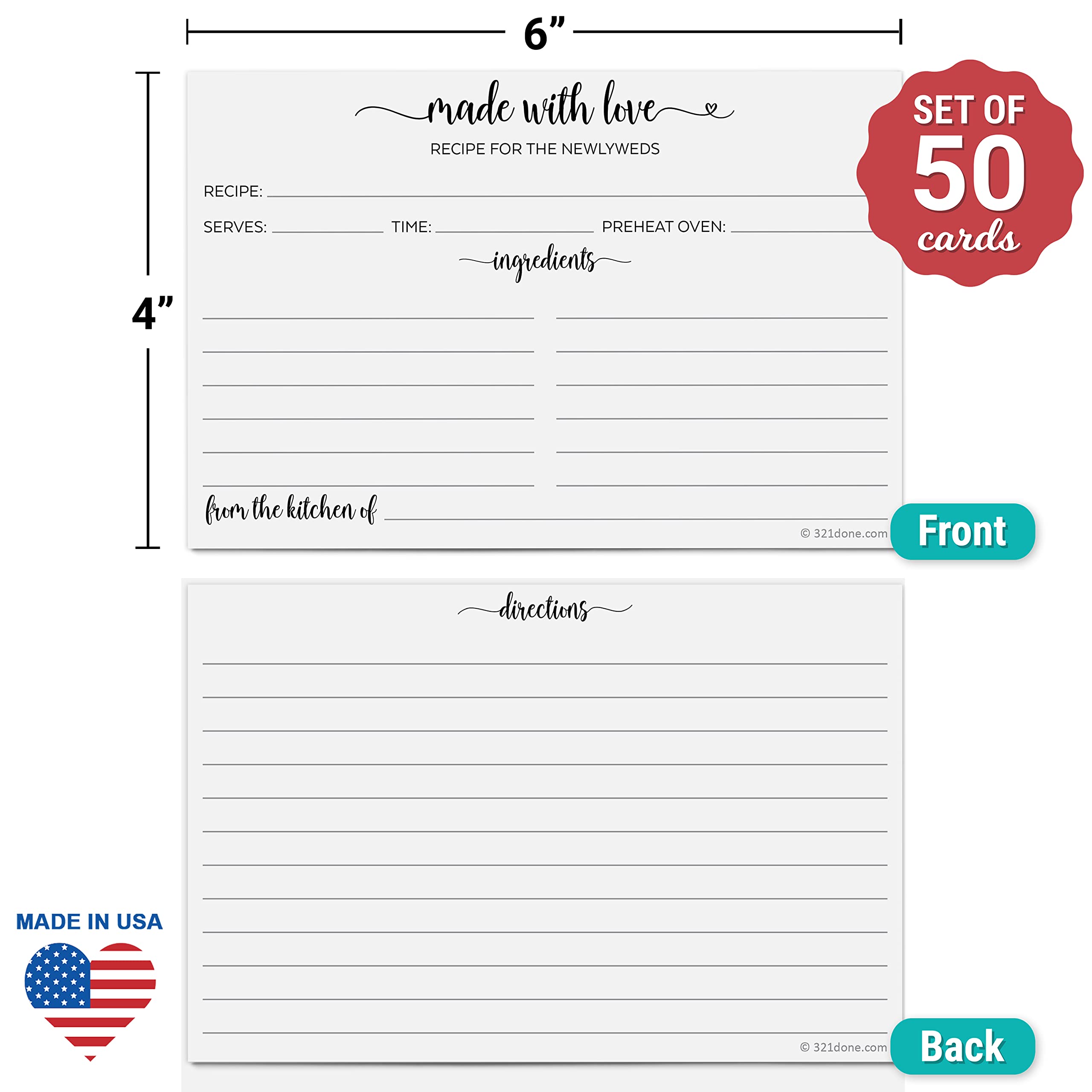 321Done Newlyweds Recipe Cards - 4x6 White Modern Heart Calligraphy Design - Double-Sided Wedding Recipe Cards Set of 50 - Made in USA - Perfect for Bridal Showers, Wedding Gifts & Creating Family Recipe Books