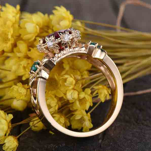 Vintage Ruby and Emerald Engagement Ring - Unique Floral Design for Wedding, Proposal, Anniversary, and Special Occasions