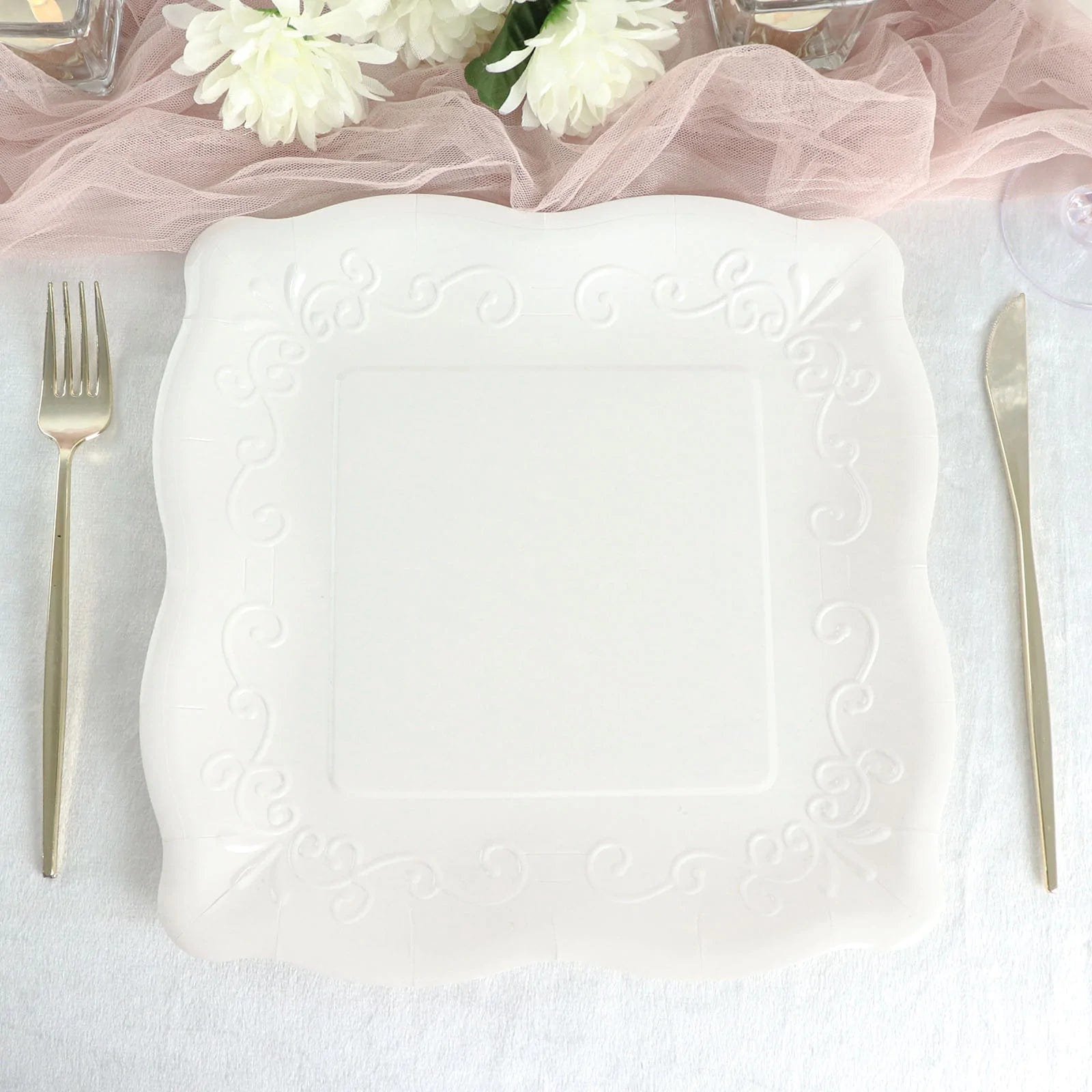 25 Pack Square Disposable Dessert Plates with Elegant Scroll Design - Perfect for Parties, Weddings, and Dinner Events