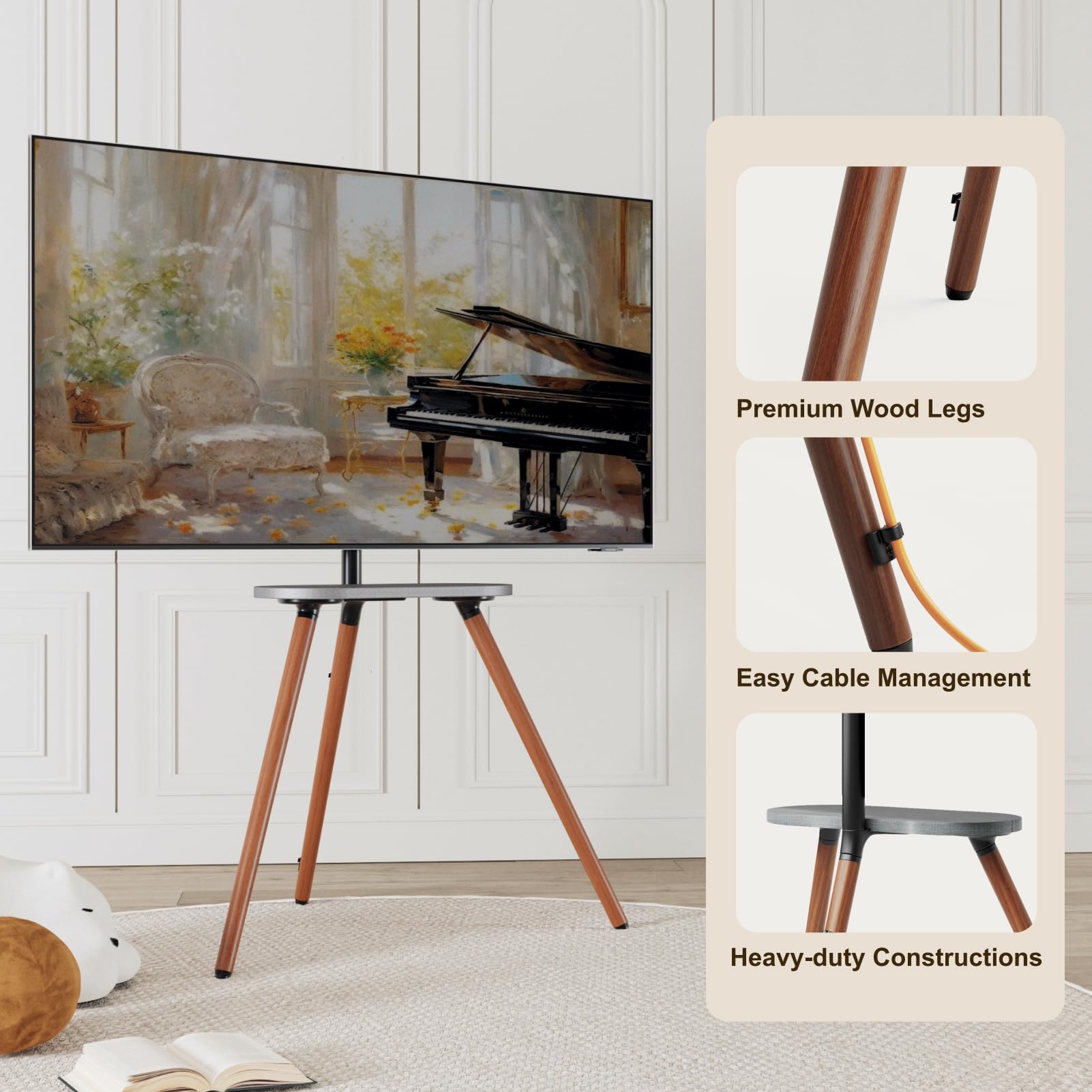 Adjustable Tripod TV Stand for 40-65 Inch LCD LED OLED Screens - Swivel & Height Adjustable Floor TV Mount with Wooden Tray - VESA 400x400mm - Minimalist Black Walnut Design - Perfect for Living Rooms, Bedrooms & Home Theaters