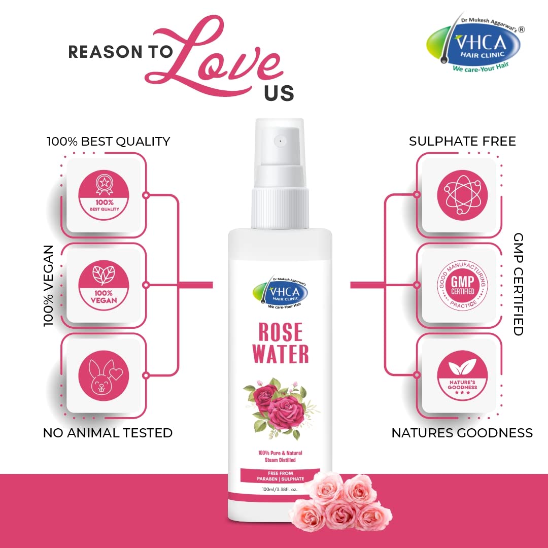 VHCA Pure Distilled Rose Water Facial Spray - Hydrating & Refreshing Toner for Oily, Dry & Normal Skin | Alcohol-Free Skin Care for Men & Women | 3-Pack (100ml Each) | Perfect for Daily Skincare, Makeup Setting & Summer Cooling