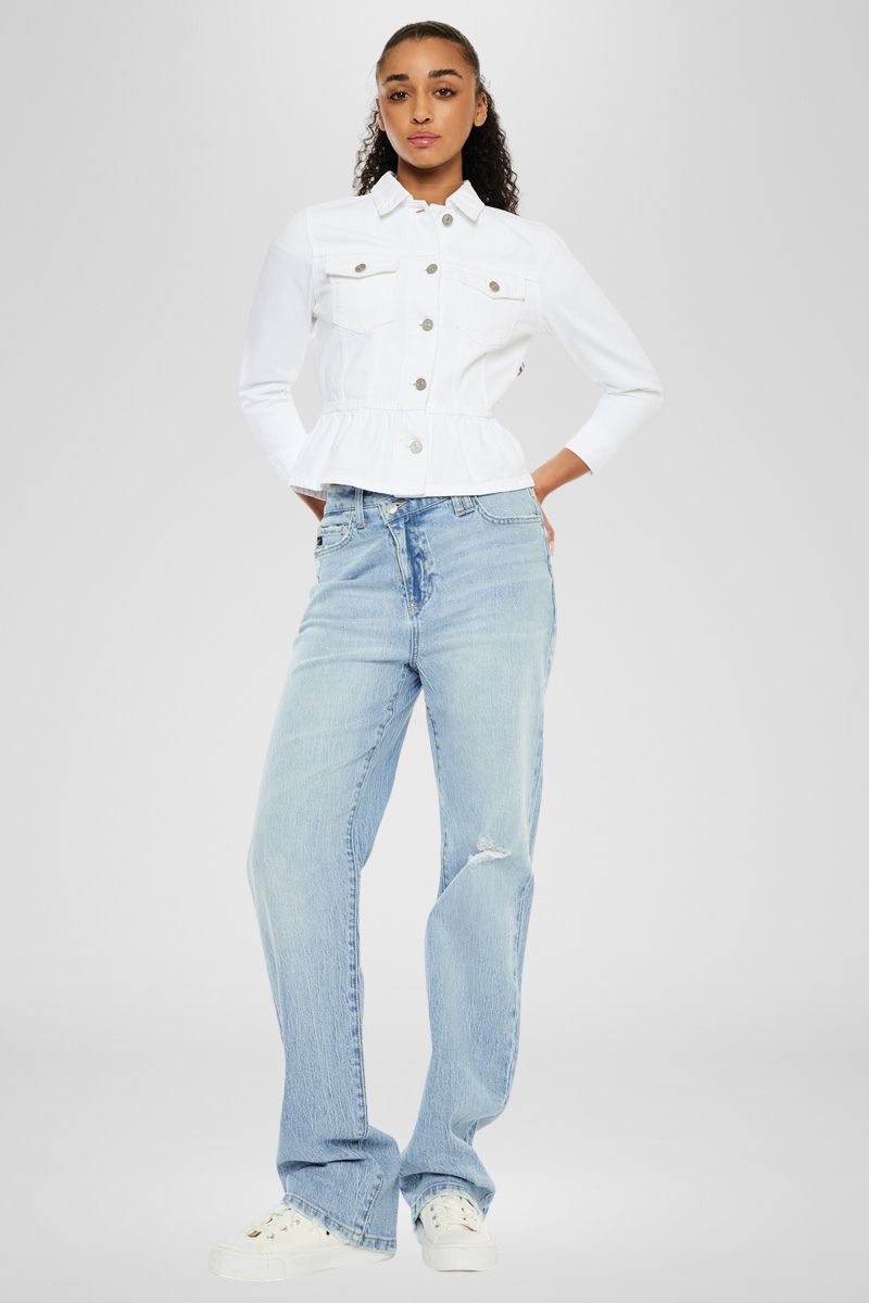 Marilou Peplum Denim Jacket for Women - Stylish Distressed Denim Coat with Ruffled Hem | Perfect for Casual Outings, Date Nights & Spring Layering