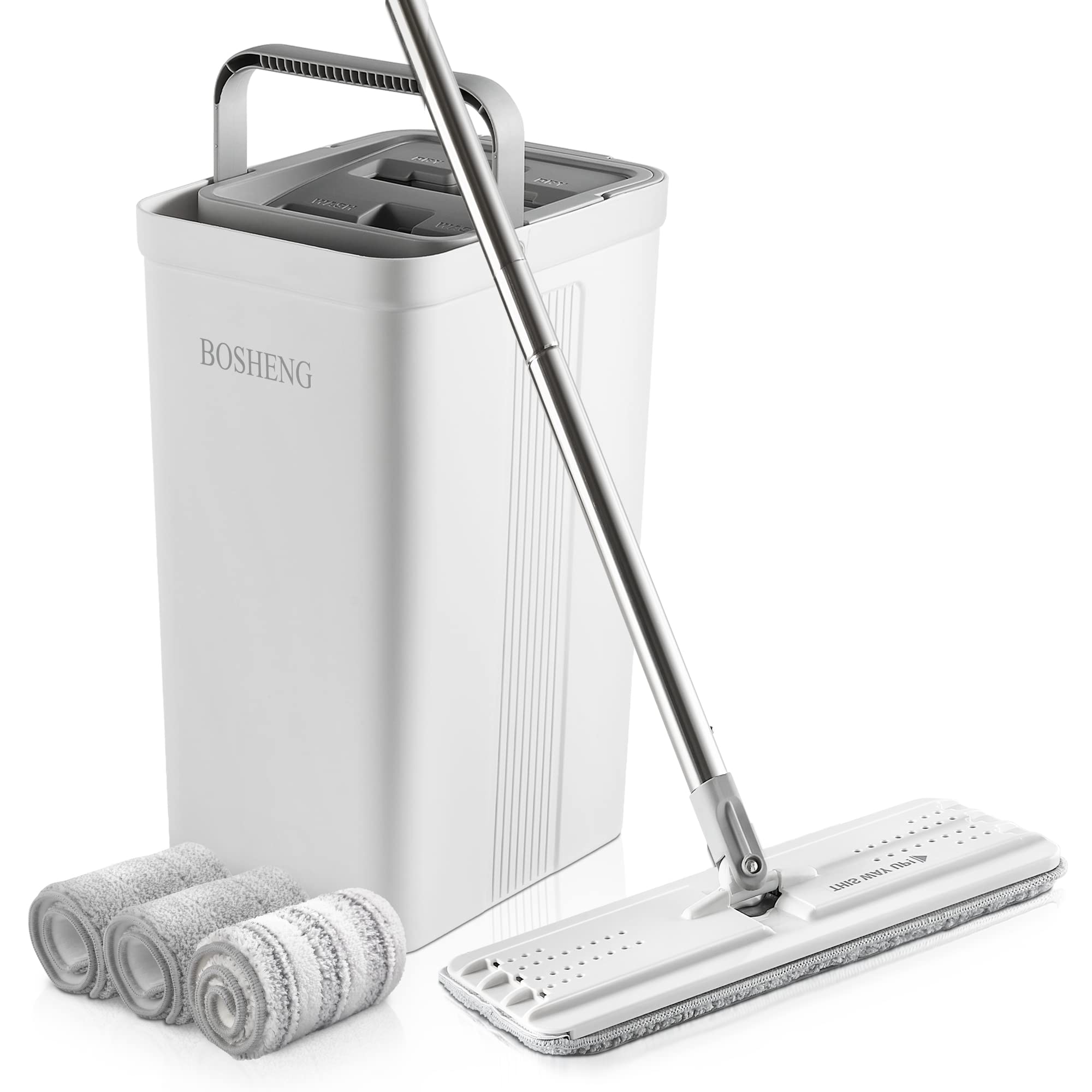 Heavy-Duty Mop and Bucket Set with Wringer | 3 Reusable Microfiber Mop Heads | Wet/Dry Floor Cleaning System for Hardwood, Tile & Laminate Floors | Ideal for Home, Kitchen & Office Cleaning - White