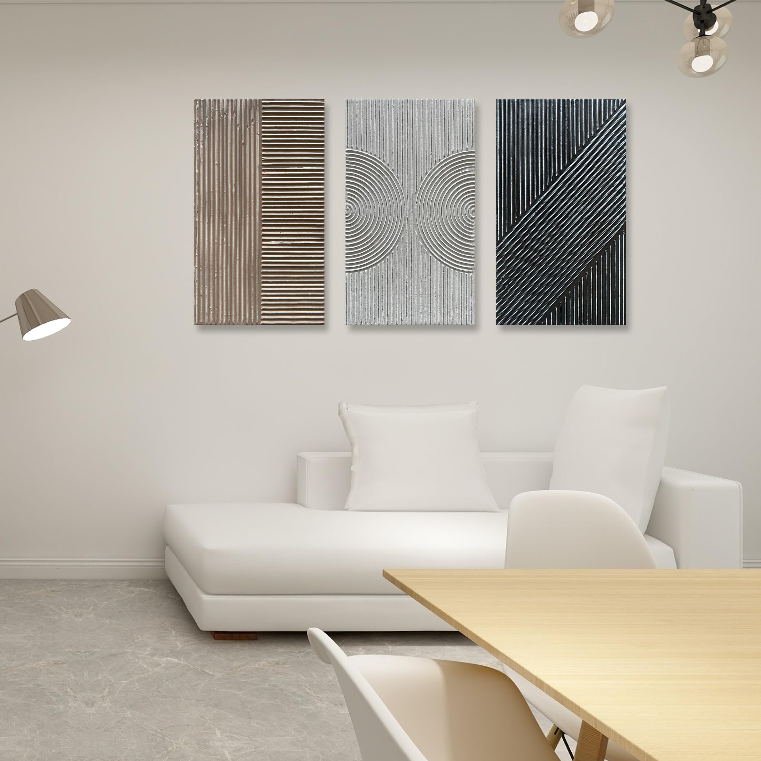 Hand-Painted Abstract Oil Painting - White, Black & Brown Texture - Contemporary Minimalist Wall Art - 28x16 Inch Set of 3 - Perfect for Living Room, Bedroom & Office Decor