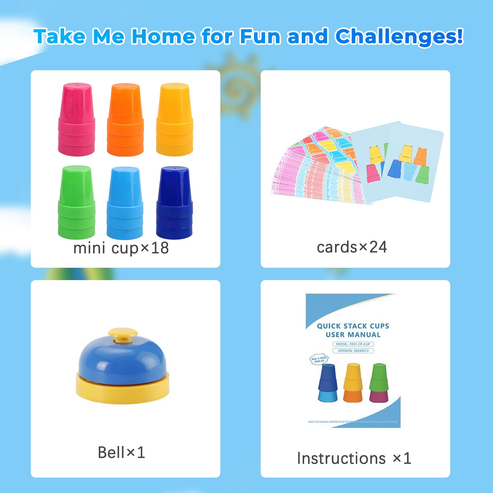 Quick Stacking Cups Set - Kids Speed Training Game with 54 Cards & Bell for Family Fun
