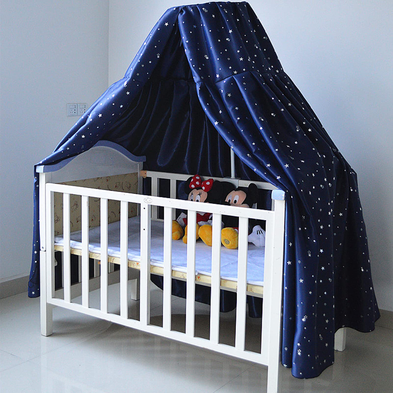 Elegant 4 Corner Post Bed Canopy with Frame - Round Baby Toddler Bed Crib Dome Netting, Blackout Curtain for Nursery & Bedroom Decoration (Includes Stand) - Perfect for Nursery, Kids Room & Cozy Bedroom Decor