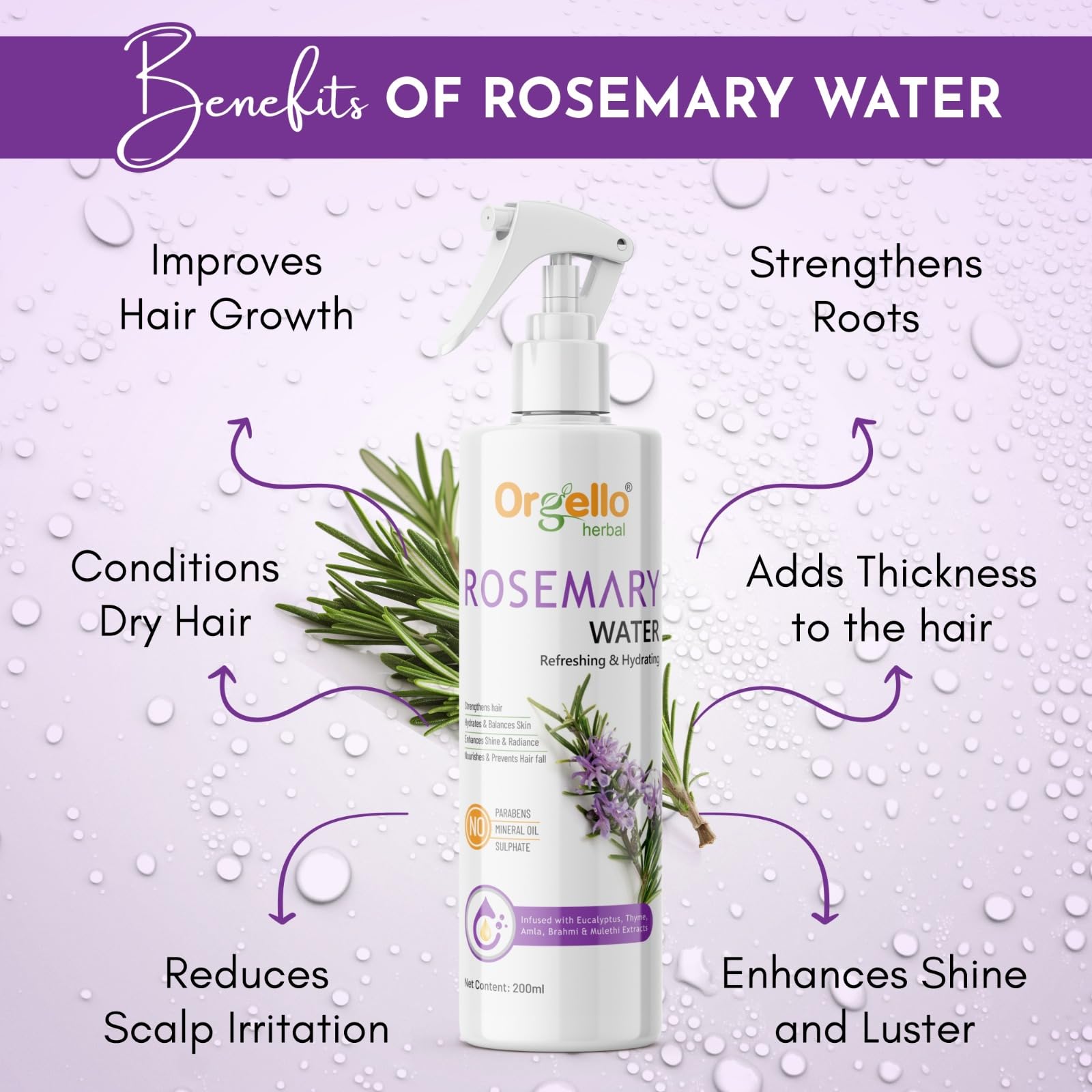 Organic Rosemary Water for Hair Growth & Scalp Care | Natural Hair & Skin Spray to Reduce Hair Fall & Strengthen Hair | Men & Women | 200ml | Perfect for Daily Hair Care Routine & Post-Workout Refreshment
