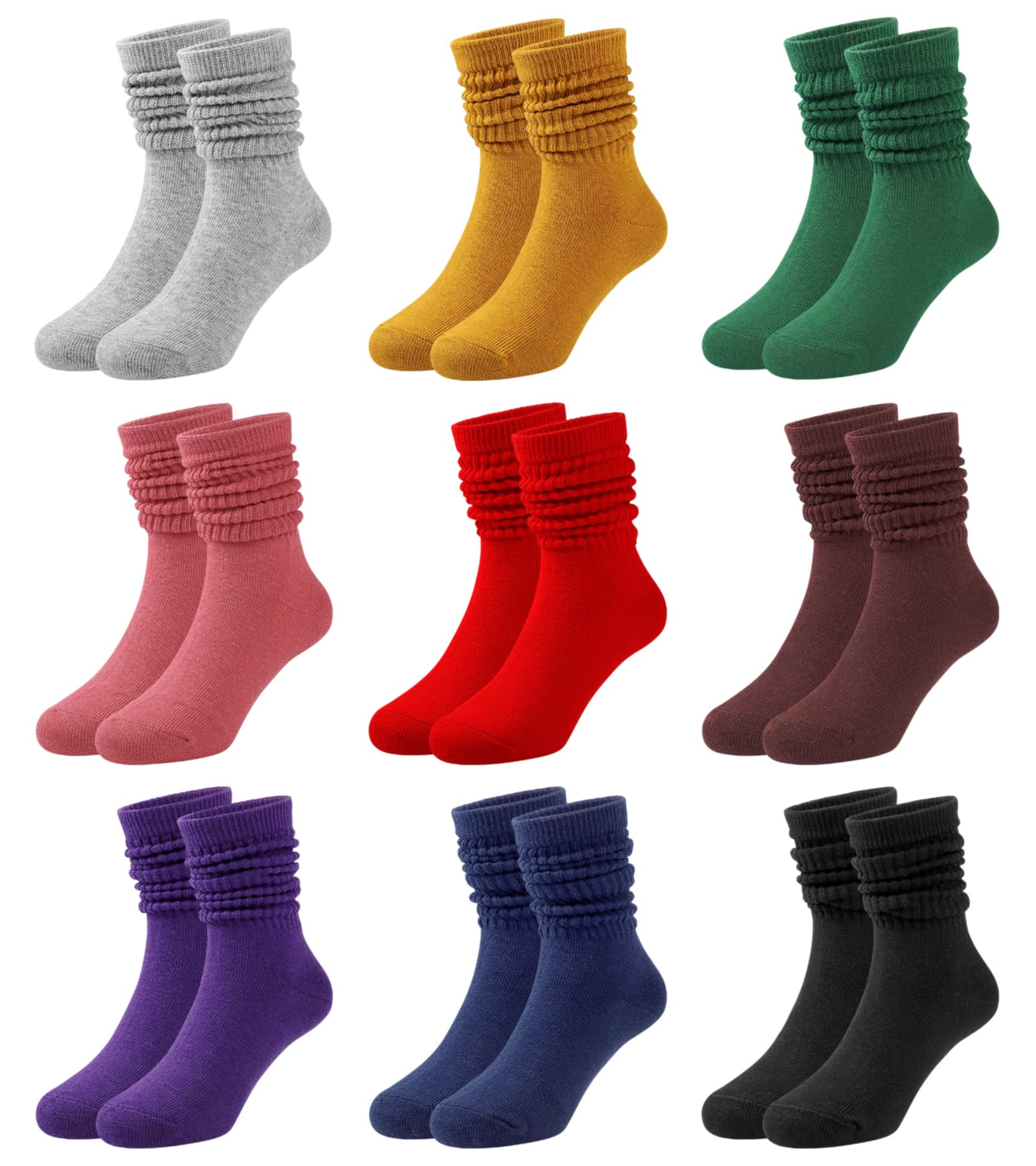 BOOPH 9 Pairs Kids Girls Slouch Socks - Knee High Athletic Crew Socks for Toddler & Baby Girls - Soft & Comfortable for School, Sports & Everyday Wear