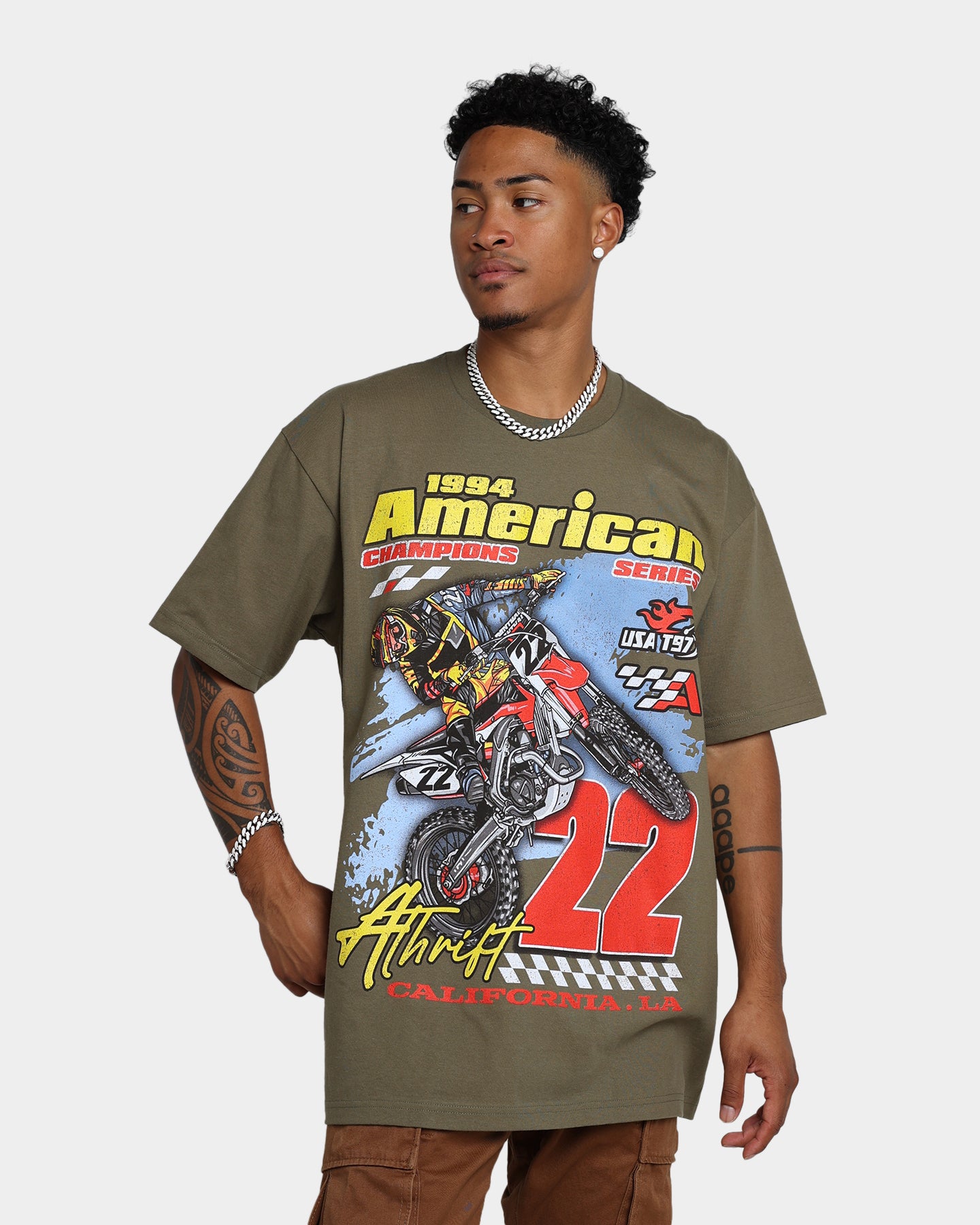 Vintage American Thrift Dirt Bike T-Shirt - Military Style Graphic Tee for Men | Perfect for Motorcycle Riders, Off-Road Adventures & Casual Streetwear
