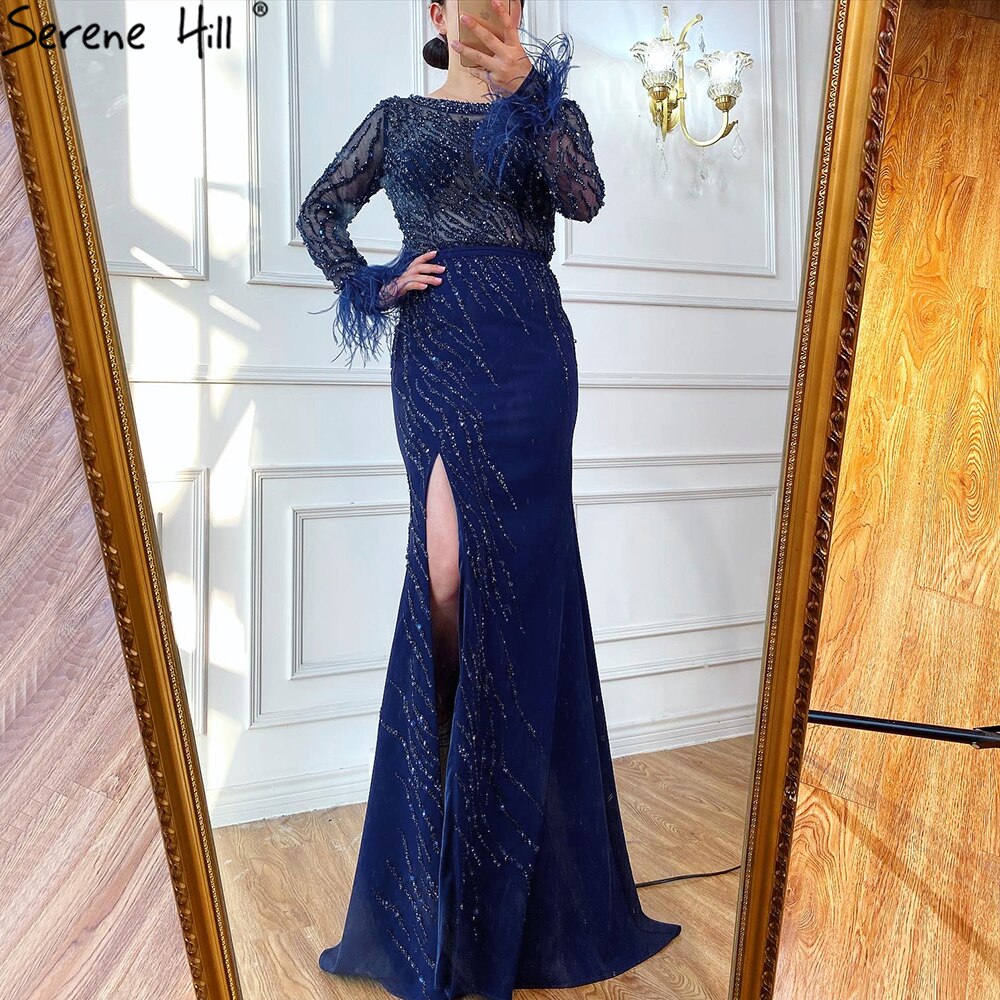 Luxury Navy Blue Muslim Evening Gowns for Women 2025 - Elegant Mermaid Beaded Feather Dress for Parties, Weddings & Special Occasions - Serene Hill Collection LA70978