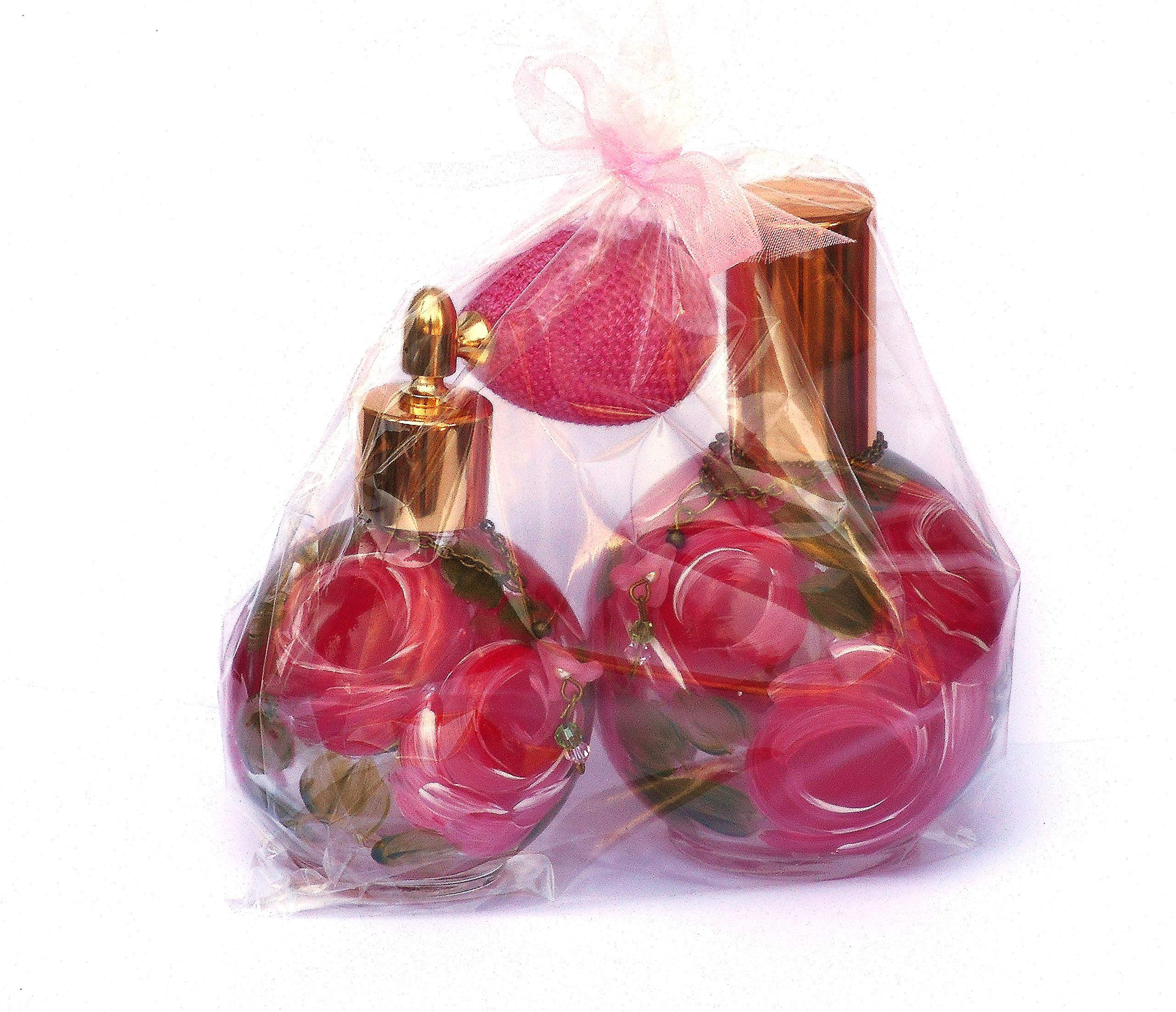 Hand Painted Pink Roses Glass Perfume Bottle with Pump - Romantic Round Soap Dispenser for Bathroom Decor | Shabby Chic Vanity Organizer, Gift for Her, Home Fragrance Essential Oil Sprayer