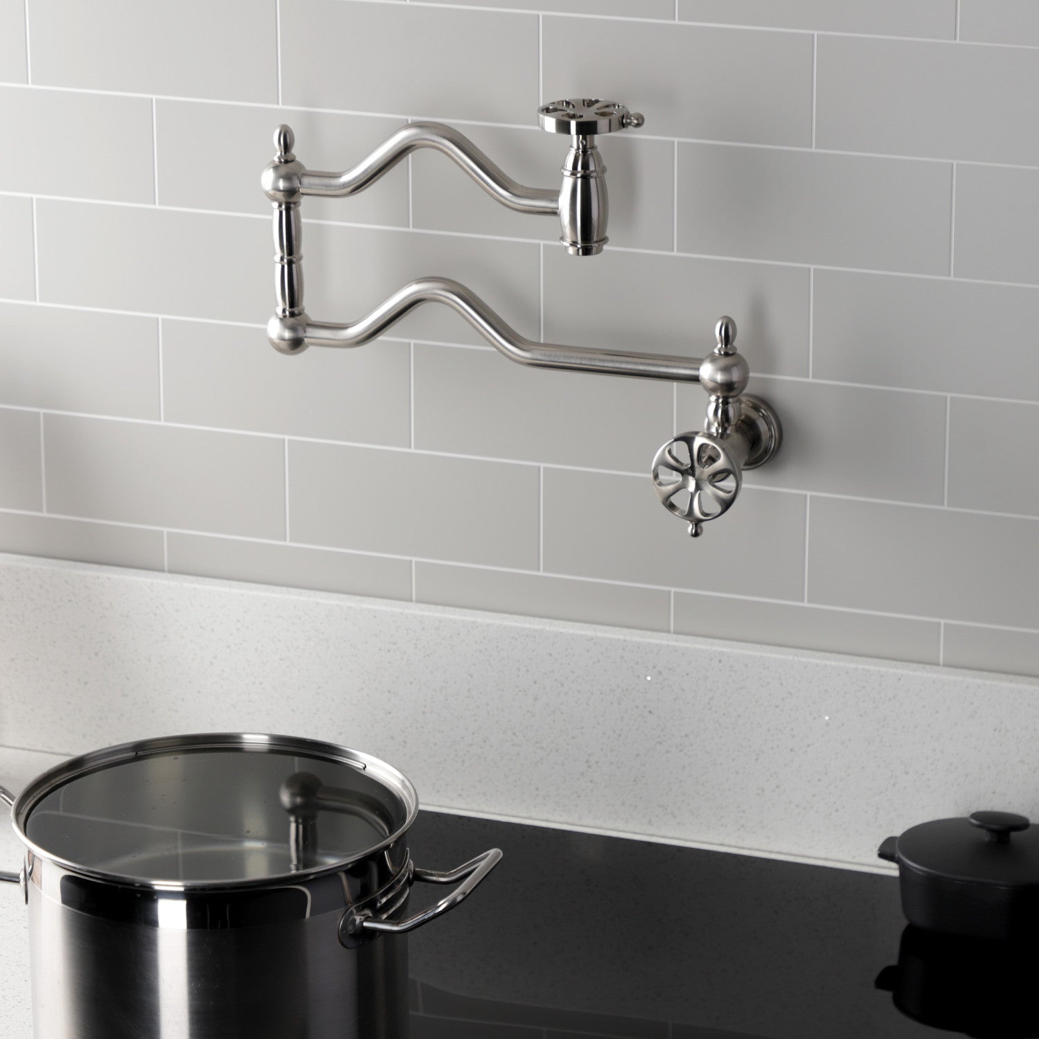 Belknap KS2108RX Brushed Nickel Two Handle Pot Filler Faucet - Ideal for Kitchen Sink, Stove & Cooking Area