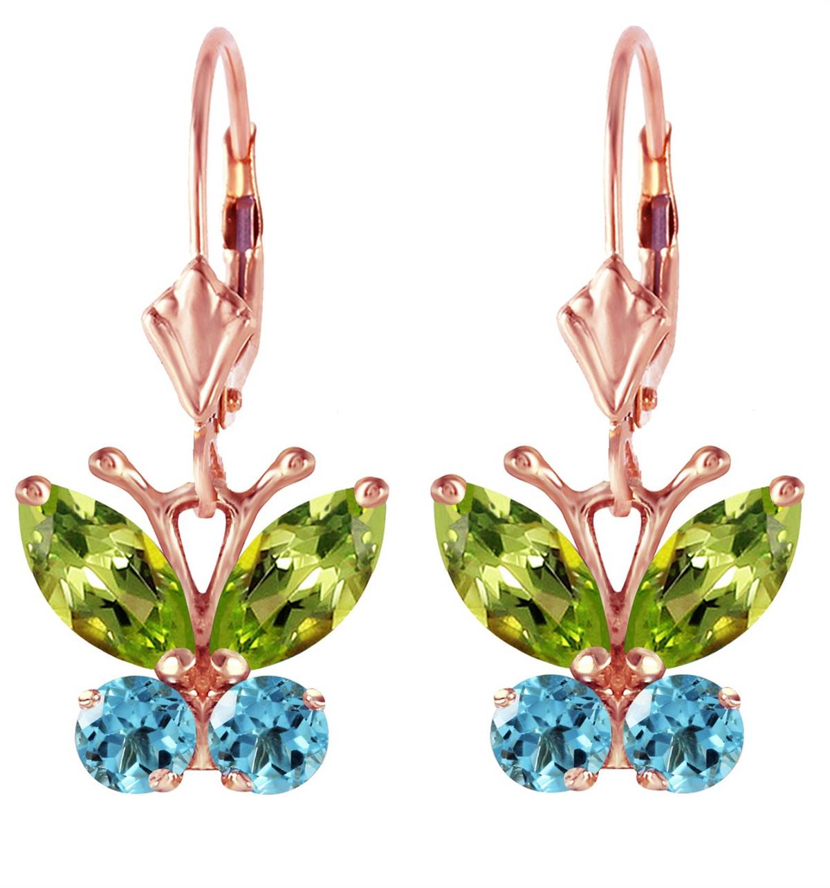 1.24 Carat 14K Solid Rose Gold Butterfly Earrings with Peridot & Blue Topaz Gemstones - Elegant Dangle Earrings for Women, Perfect for Weddings, Parties & Special Occasions