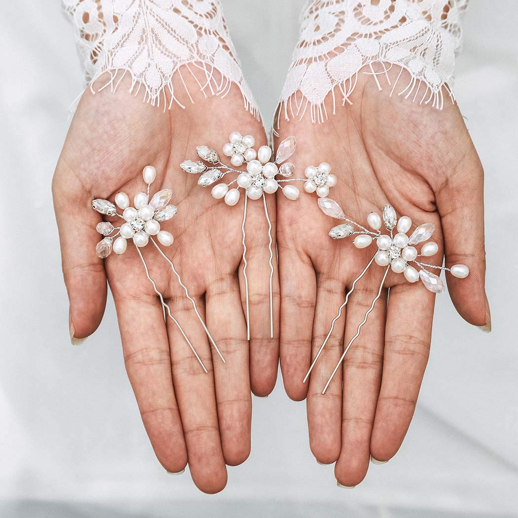 Silver Pearl Bridal Hair Pins - Rhinestone Wedding Hair Clips for Women (3-Pack) - Perfect for Brides & Prom