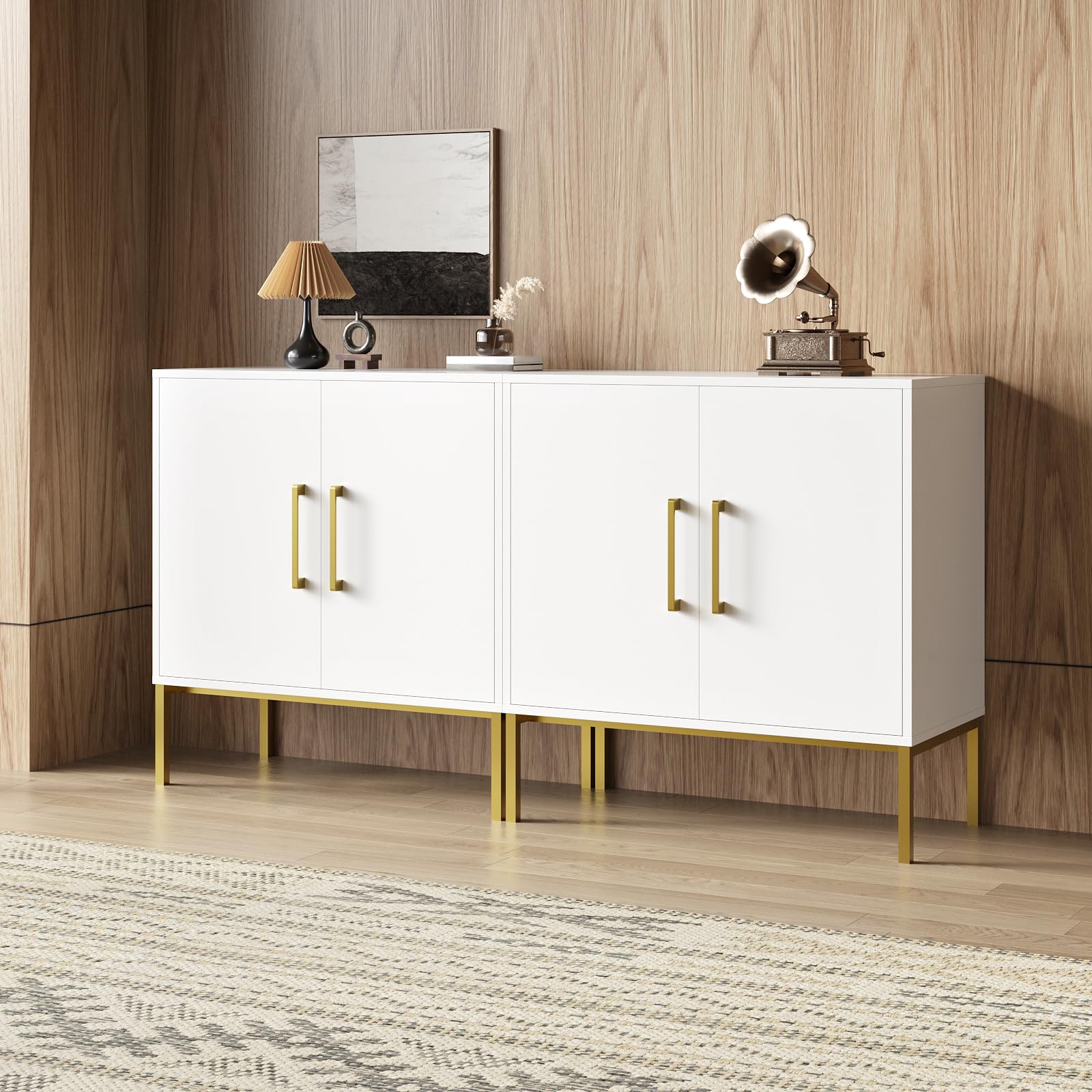 LYNSOM 2-Piece White Accent Storage Cabinet Set with Doors & Adjustable Shelves - Freestanding Office Cabinet, Modern Sideboard Buffet Table for Dining Room, Living Room, Hallway - Perfect for Home Organization & Stylish Storage Solutions
