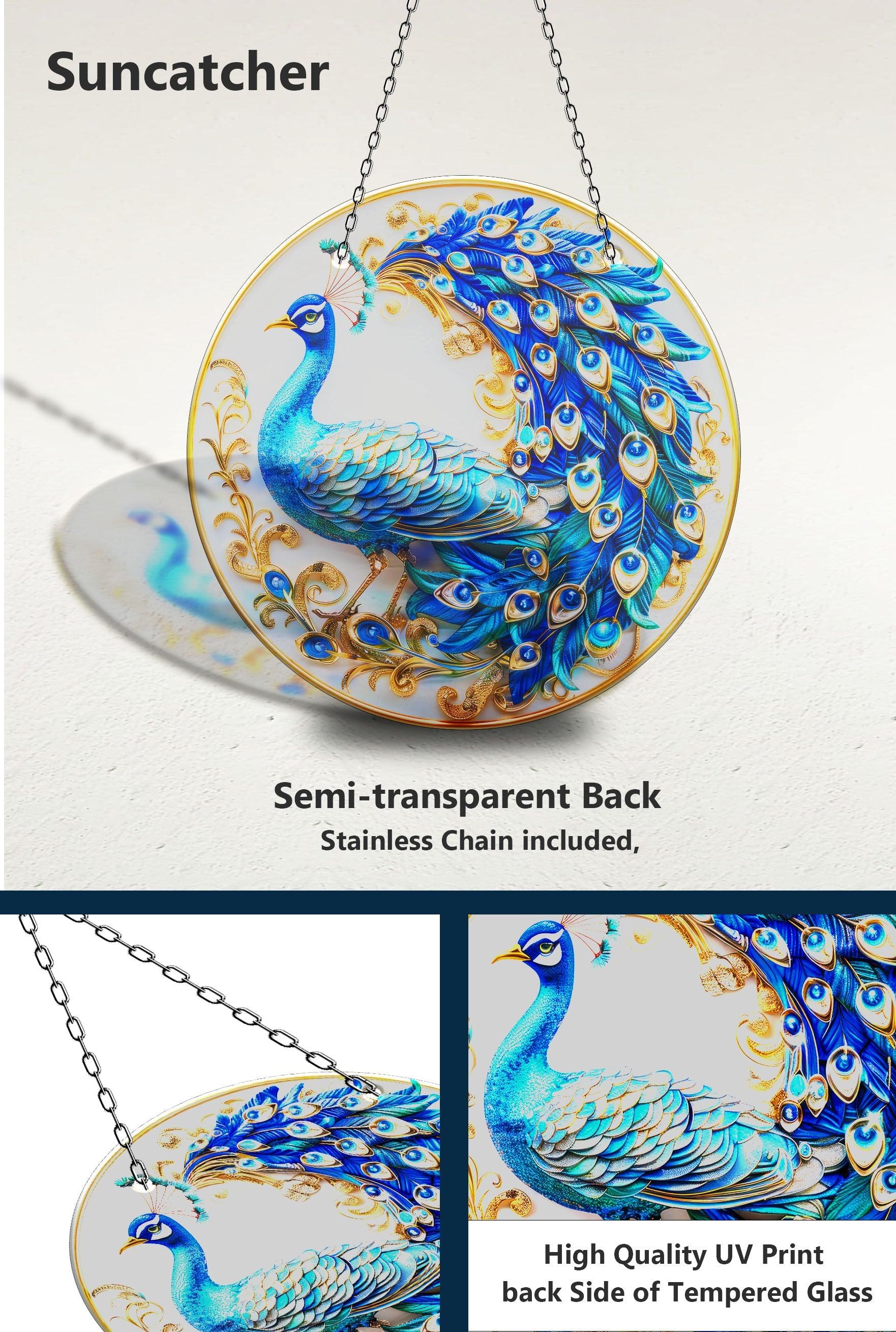 Blue Peacock Suncatcher Window Decor - Stained Glass Hanging Ornament for Home, Office & Garden - Creates Beautiful Rainbow Reflections