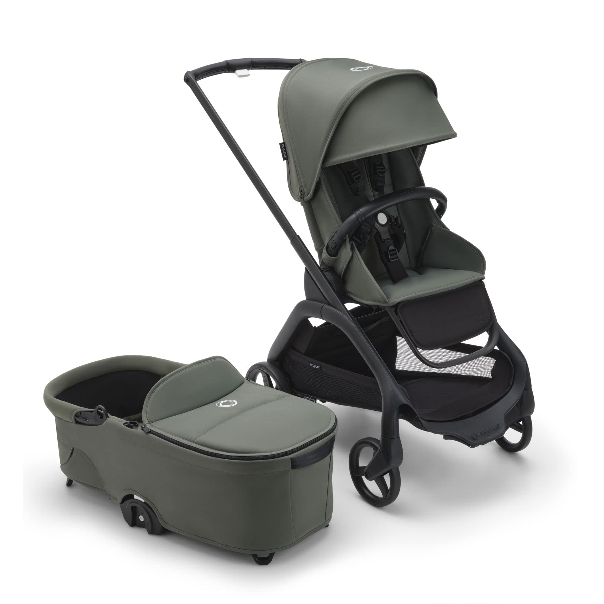 Bugaboo Dragonfly City Stroller with Full-Size Baby Bassinet & Toddler Seat - One-Hand Fold, Full Suspension, Large Storage Basket - Black Chassis & Forest Green Canopy - Perfect for Urban Walks, Shopping & Travel