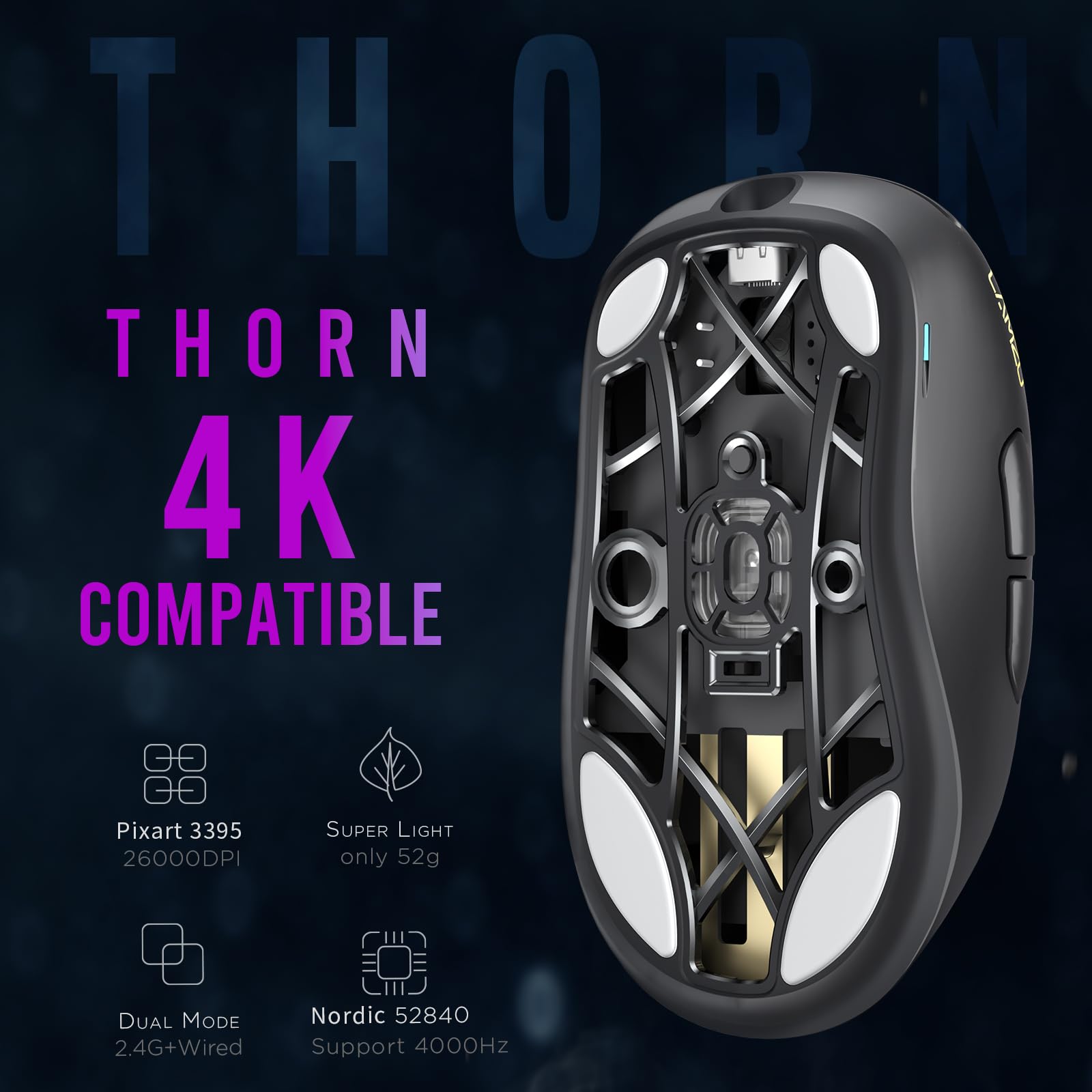 Lamzu Thorn Wireless Gaming Mouse - Ultra Lightweight 52g, Optical Switches, 26000 DPI, Ergonomic Design, Nordic 52840 MCU, PAW3395 Sensor - Black (Perfect for FPS, MOBA & Esports Gaming)