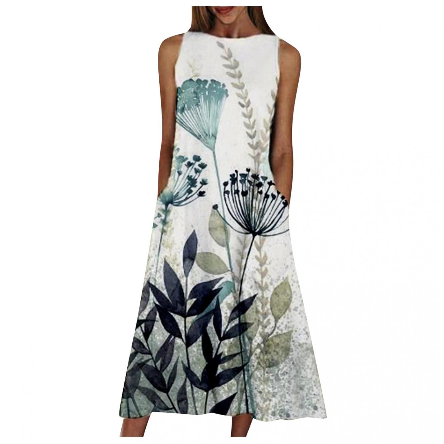 FABIURT Women's Sleeveless Floral Print Maxi Dress - O Neck Casual Loose Long Ruffle Summer Dress with Pockets | Beach Wedding, Vacation, Party Wear