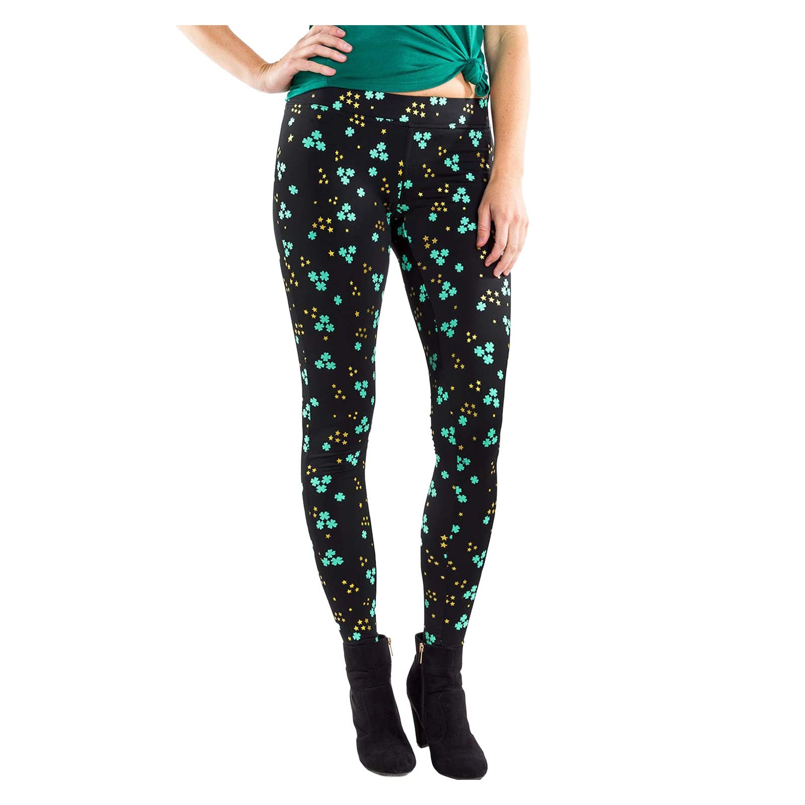 iQKA Women's St. Patrick's Day Green Shamrock Printed Yoga Pants - High Waist Tummy Control Skinny Leggings for Workout, Costume Party & Casual Wear