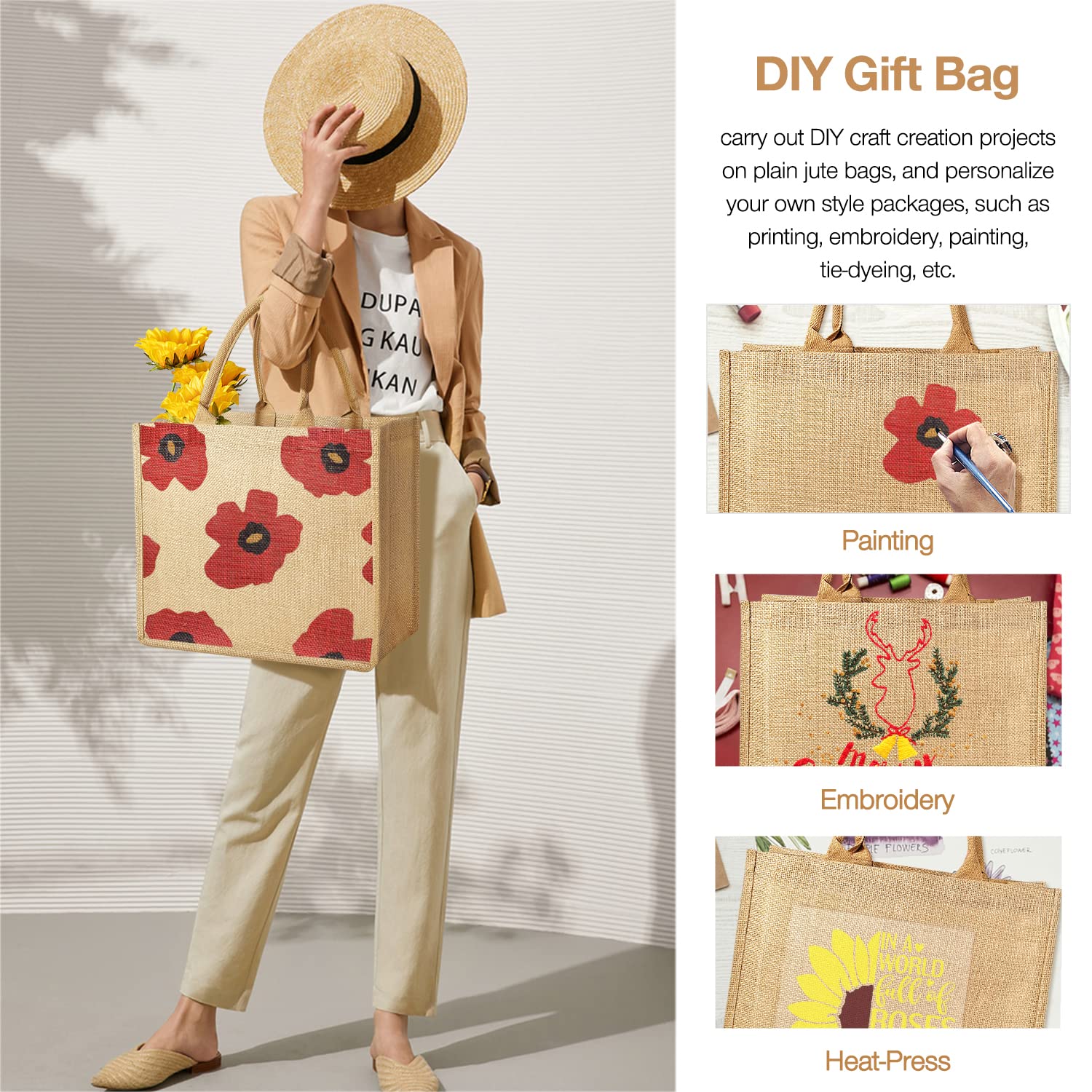 Eco-Friendly Jute Tote Bags with Laminated Interior & Soft Handles - Reusable Grocery Shopping Bags for Farmers Market, Beach, and Daily Use