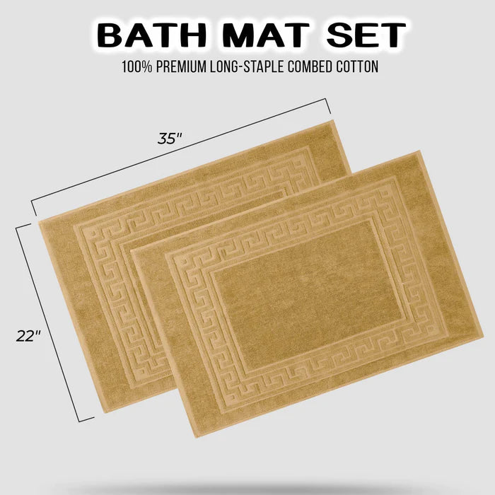 Premium Cotton 2-Piece Greek Key Border Bath Mat Set - Ultra Absorbent, Non-Slip Bathroom Rug - Perfect for Modern Bathrooms, Master Suites & Spa-Like Retreats