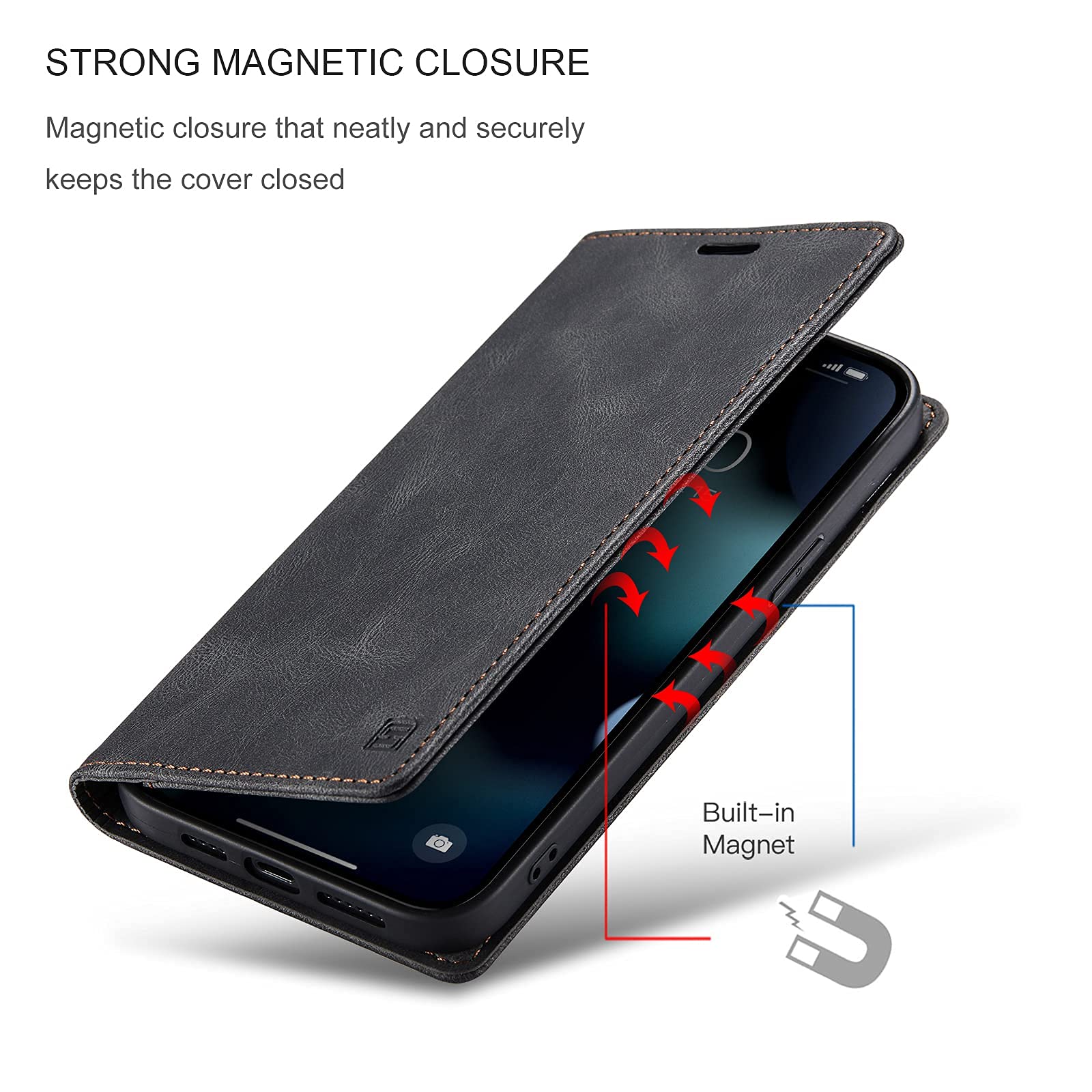 iPhone 13 Pro Max Case - PU Leather Wallet Cover with Card Holder & Kickstand | Shockproof Magnetic Flip Case for Work & Travel (6.7