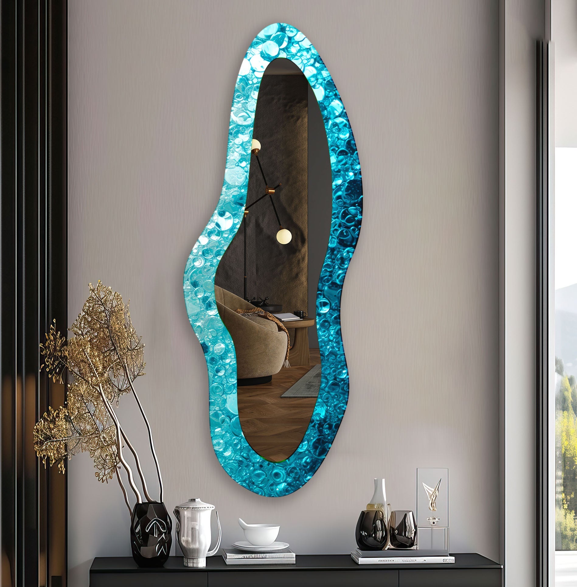 Blue Irregular Shaped Glass Wall Mirror - Unique Decorative Mirror for Living Room, Bedroom & Bathroom - Modern Home Decor