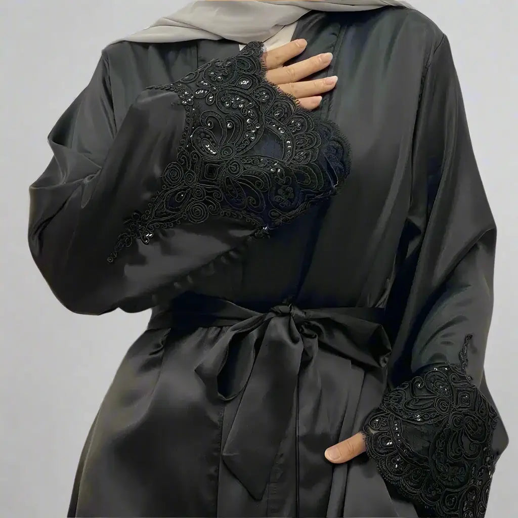 Elegant Satin Embroidery Long Sleeve Open Abaya Dress for Muslim Women - Perfect for Prayer, Mosque Visits & Special Occasions