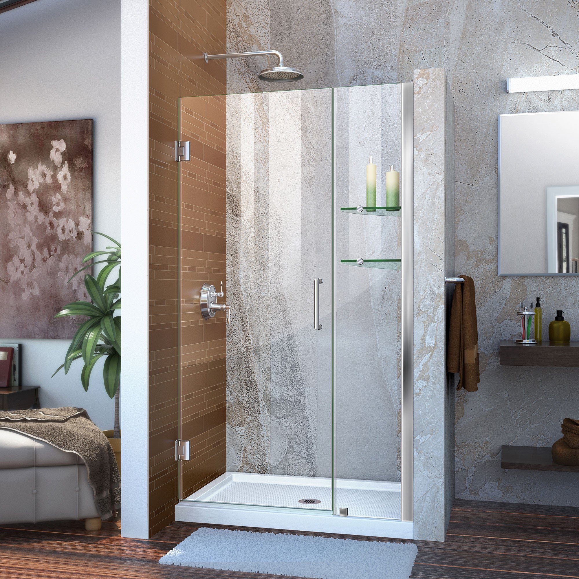 DreamLine Unidoor 36-37 Inch W x 72 Inch H Frameless Hinged Shower Door with Built-in Shelves - Clear Tempered Glass for Bathroom & Walk-in Shower - Modern & Space-Saving Design