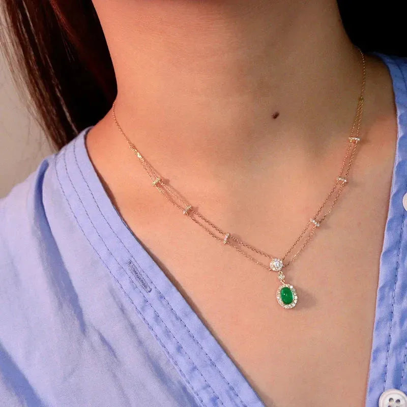 18K Yellow Gold Emerald and Diamond Pendant Necklace for Women - Real Natural Gemstone Luxury Jewelry for Parties, Weddings & Special Occasions