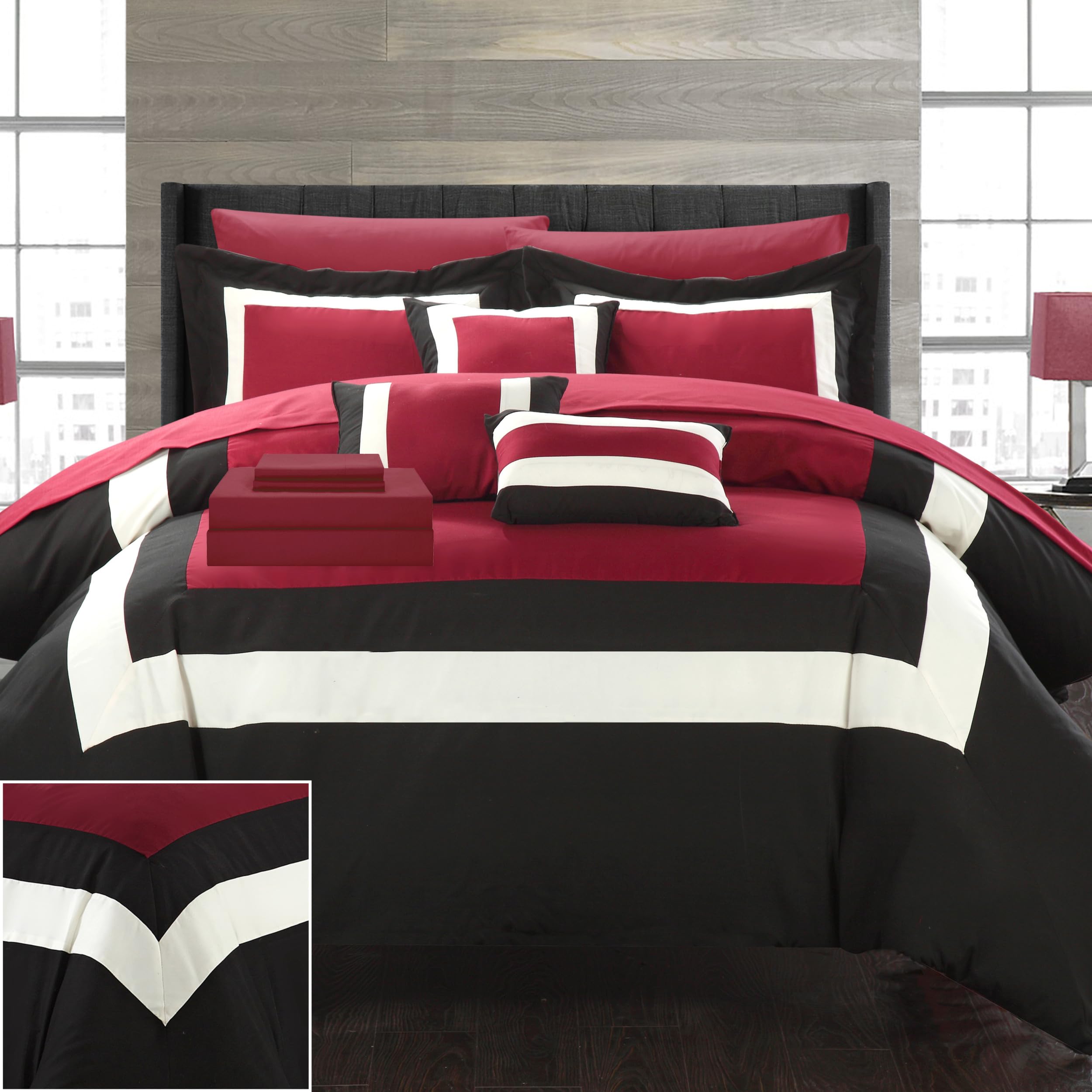 Chic King Comforter Set 10-Piece - Colorblocked Bedding with Shams & Pillows (Red) for Luxurious Bedroom