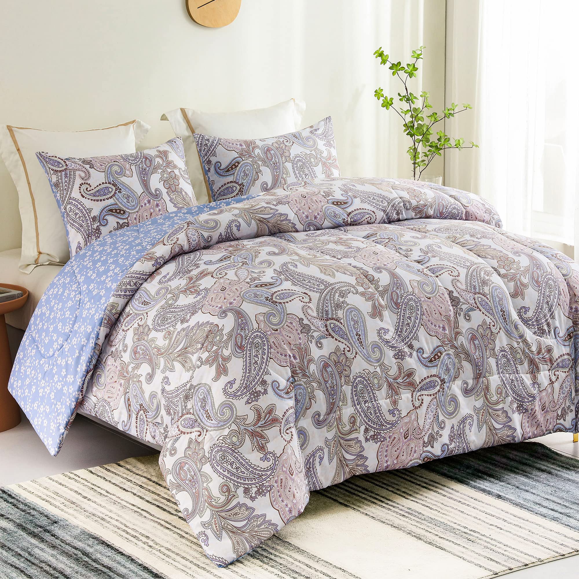 Luxury 2-Piece Reversible Boho Paisley Twin Comforter Set - Soft Microfiber Bedding with 1 Pillow Sham in Purple - Perfect for Bohemian Bedroom Decor & Guest Room Styling