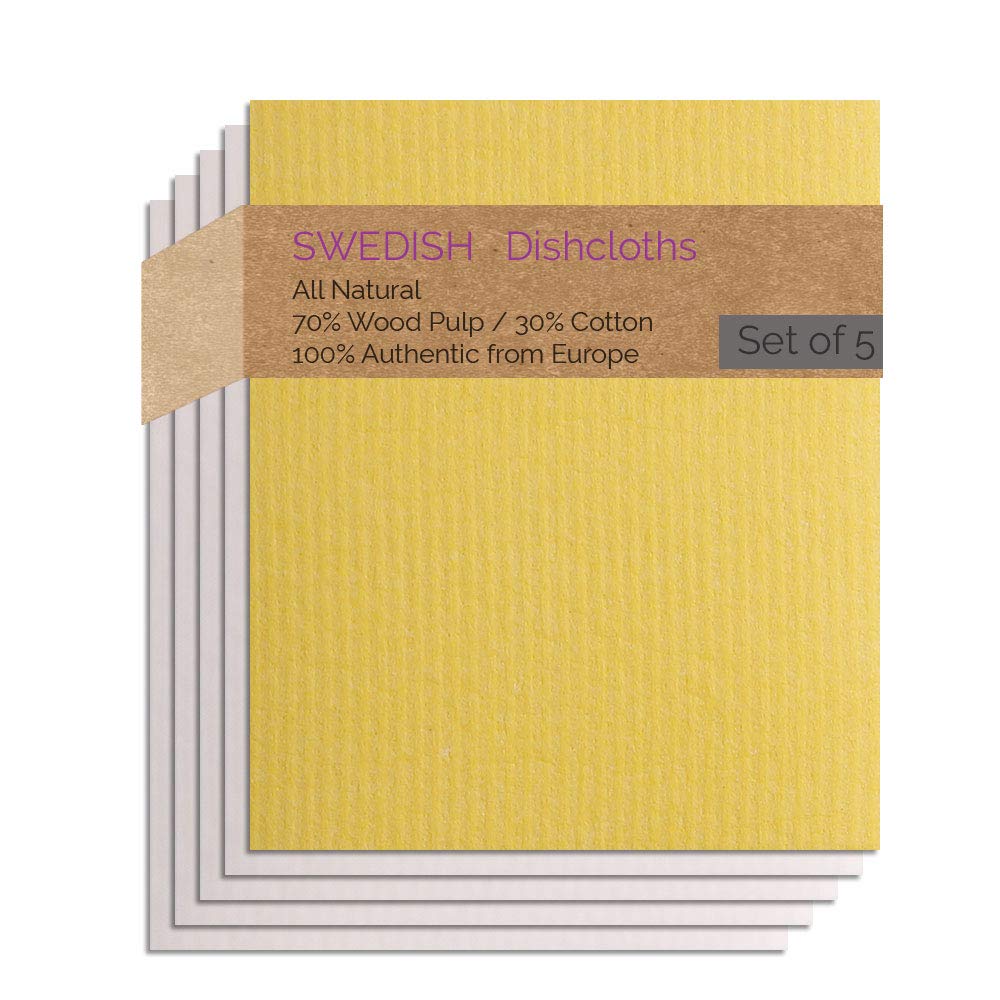 Eco-Friendly Cellulose Sponge Dish Towels - Set of 5 (1 Yellow + 4 Natural) | Swedish Dish Cloths for Kitchen Cleaning, Wiping Counters & Replacing Paper Towels