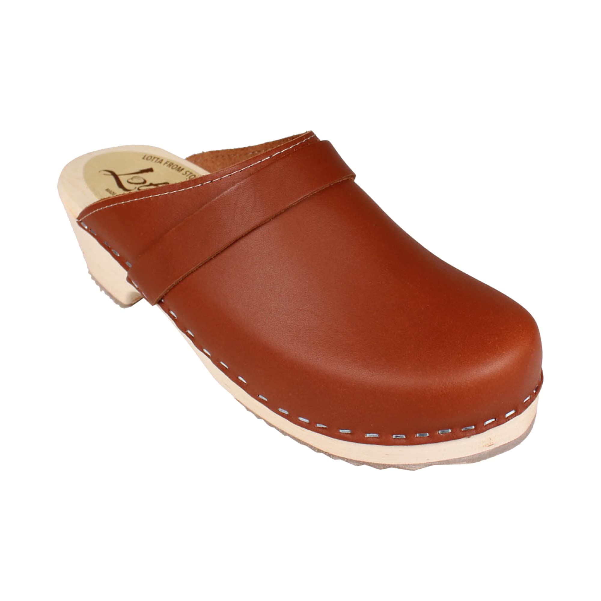 Swedish Classic Mule Clog Shoes for Women - Tan Leather Comfort Wooden Clogs with 2 Inch Heel & 3/4 Inch Platform Support - Perfect for Casual Wear, Office, and Everyday Comfort