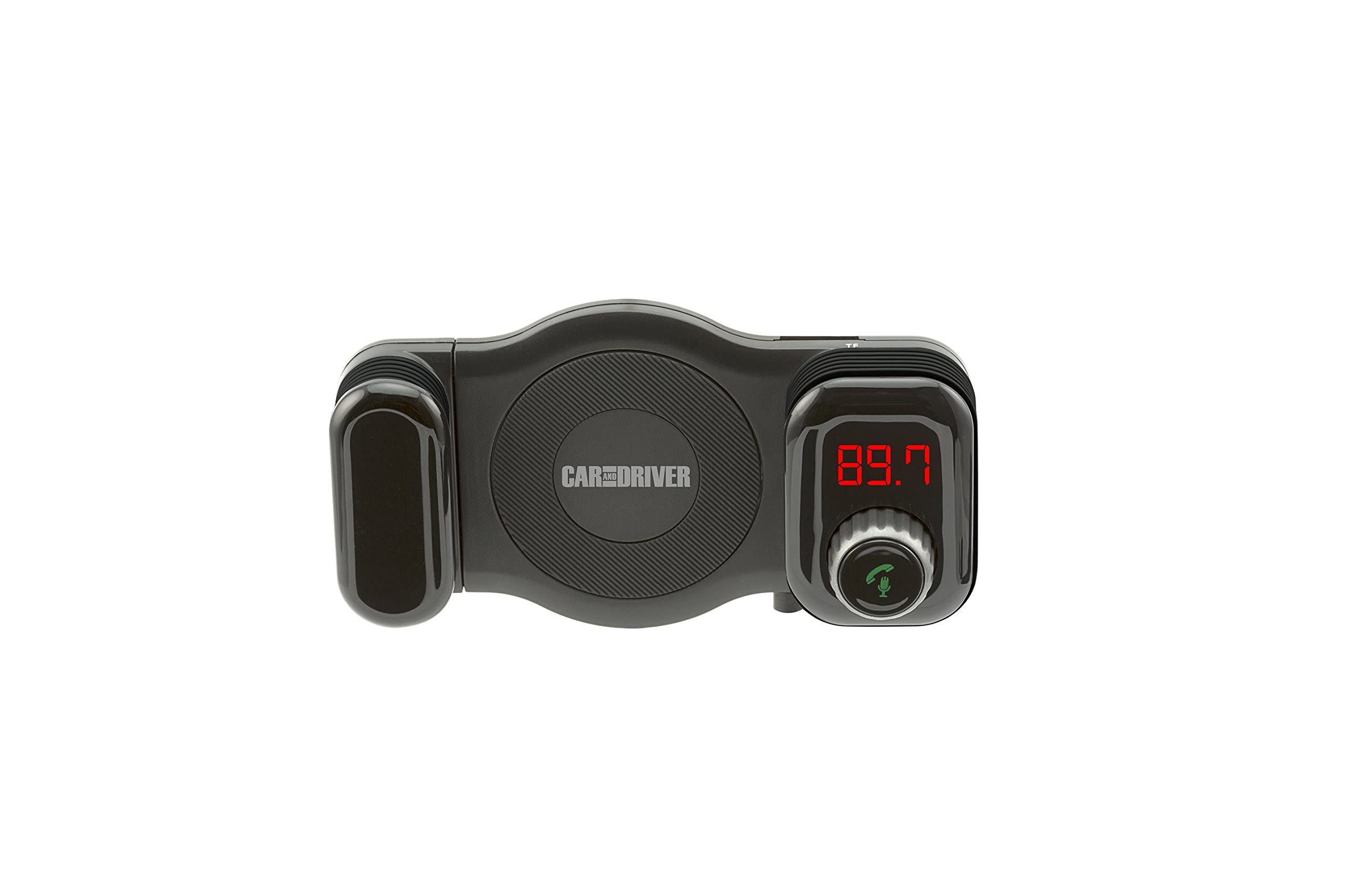 Car and Driver Bluetooth FM Transmitter with Car Vent Phone Mount | Hands-Free Calling, USB Charging, Siri Compatible, TF Card Slot, Secure Grip, Universal Fit for Streaming Audio in Car