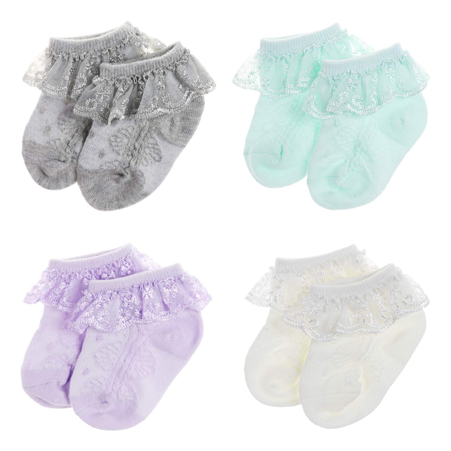 BQUBO Baby Girls Socks - Lace Ruffle Cuff Ankle Socks for Newborn & Toddler - Soft Cotton Dress Socks for Special Occasions, Photo Shoots & Daily Wear