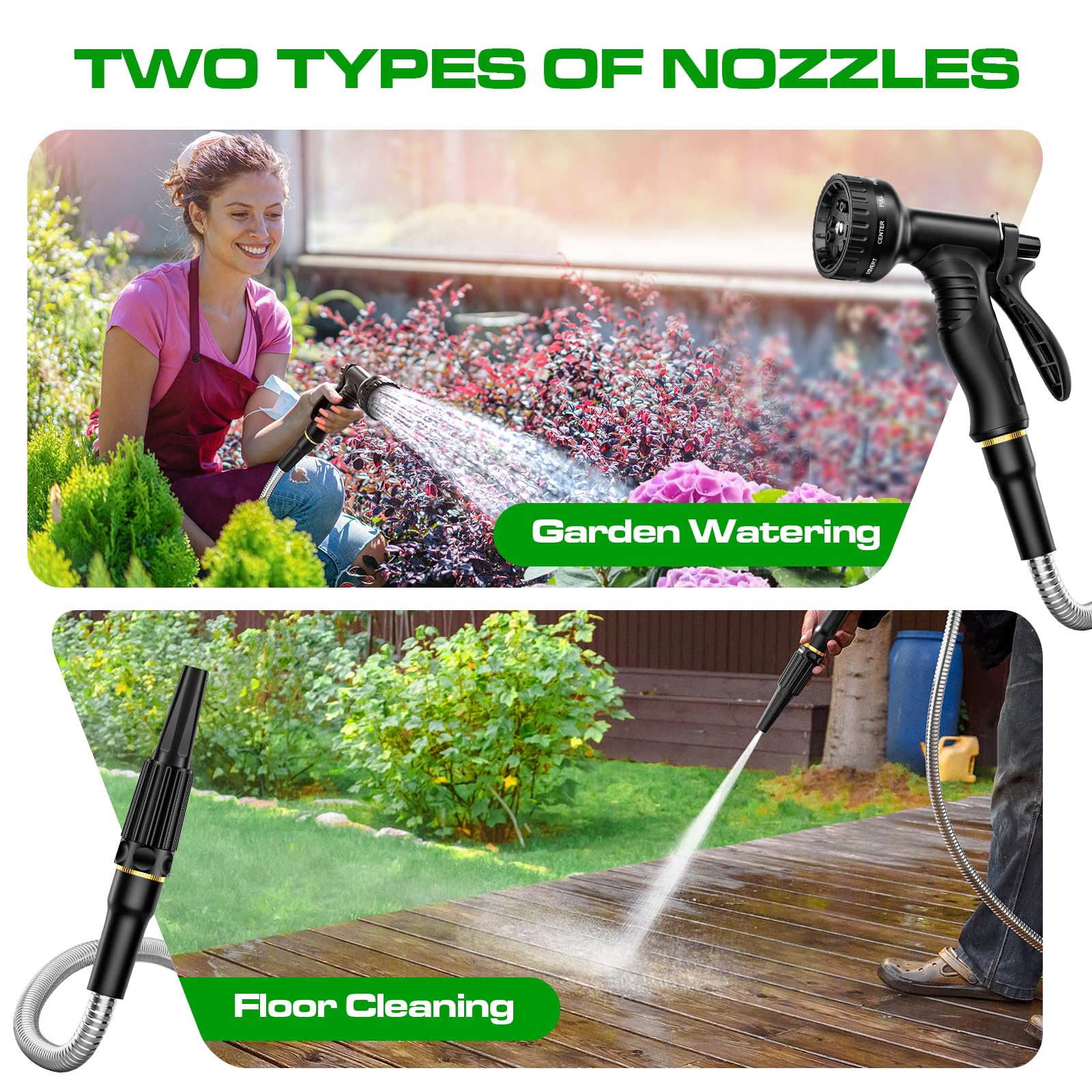 **75ft Heavy Duty Garden Hose with 10-Function Nozzle - 304 Stainless Steel, No-Kink, Rust-Proof & Lightweight for Yard, Lawn & Outdoor Watering**    *(Perfect for Gardening, Car Washing, Pet Cleaning & Outdoor Activities)*