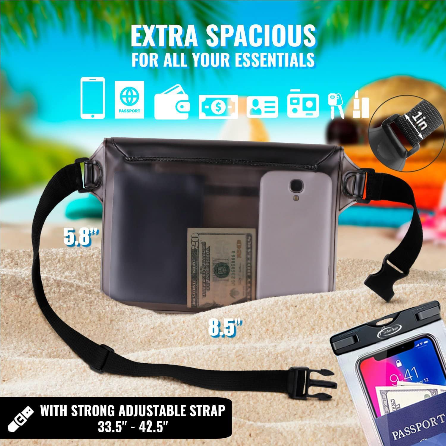 AiRunTech Waterproof Fanny Pack & Phone Pouch Set (2 Waist Bags + 2 Phone Cases) - IPX8 Waterproof Dry Bag for iPhone 15/14/13/12/11 Pro Max - Perfect for Snorkeling, Beach, Cruise, Kayaking, Pool & Swimming Activities