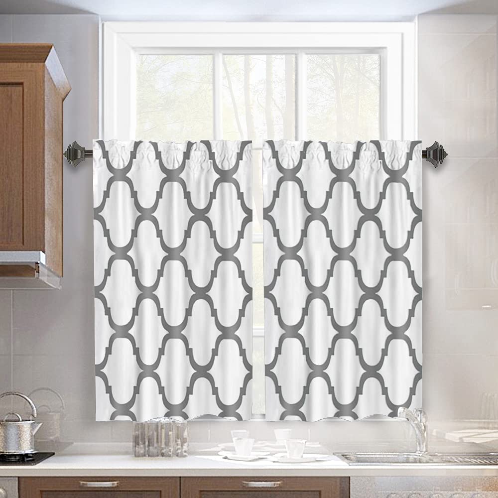 Melodieux Set of 2 Moroccan Style Tier Curtains - Geometric Lattice Rod Pocket Window Panels for Kitchen, Cafe & Bathroom - 36 Inch Length in Off White/Grey - Perfect for Small Windows, Home Decor & Boho Chic Interiors