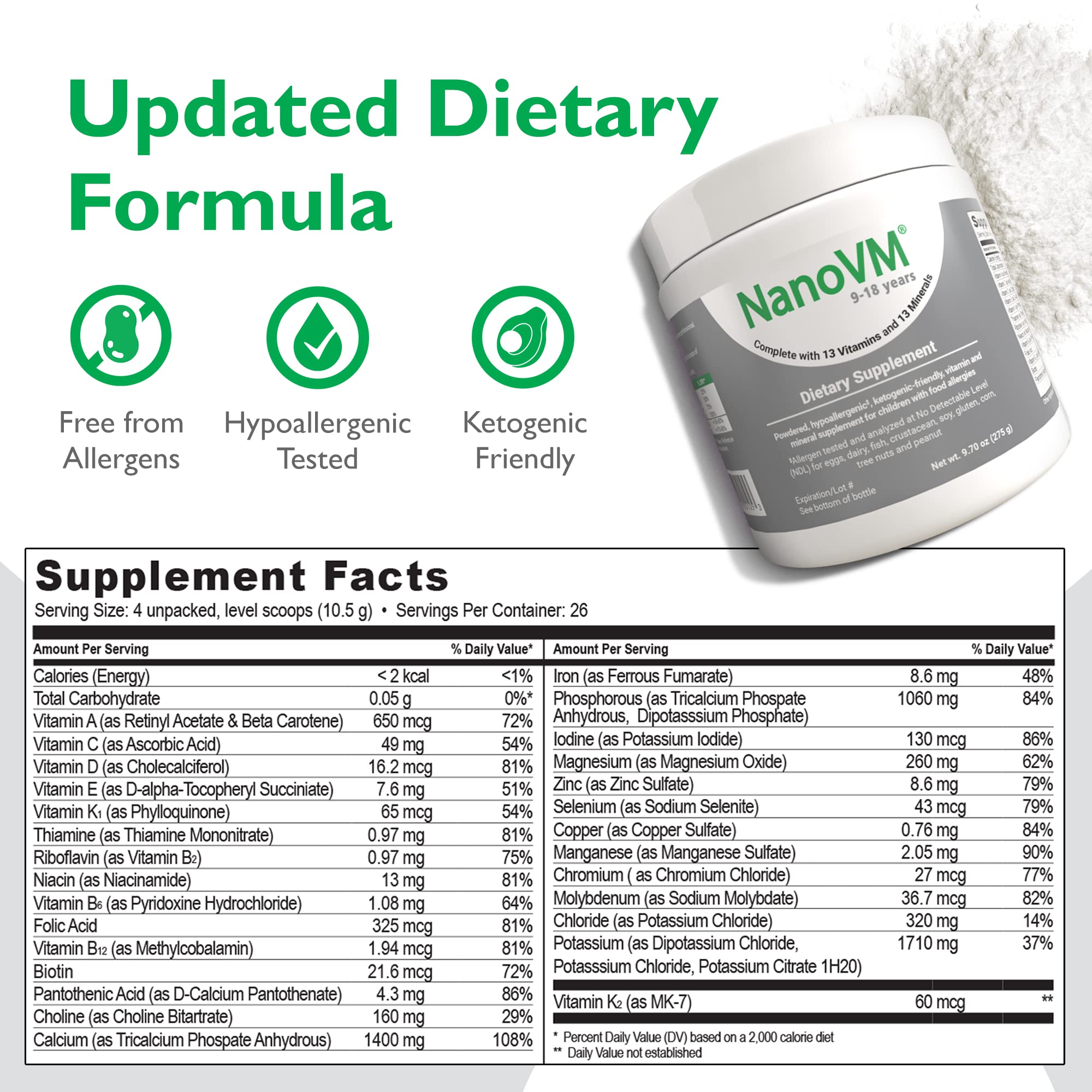 Allergen-Free Kids Multivitamin Powder for Ages 9-18 | Unflavored with 13 Essential Vitamins & 13 Minerals | Low-Carb Vitamin Supplement (275g) by Solace Nutrition | Perfect for Picky Eaters & Active Lifestyles