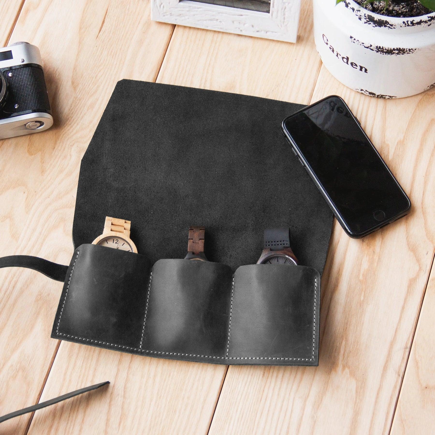 Luxury Leather Watch Roll Case - 3 Watch Storage Organizer for Travel & Display | Perfect for Men's Watches, Watch Collectors & Gifts