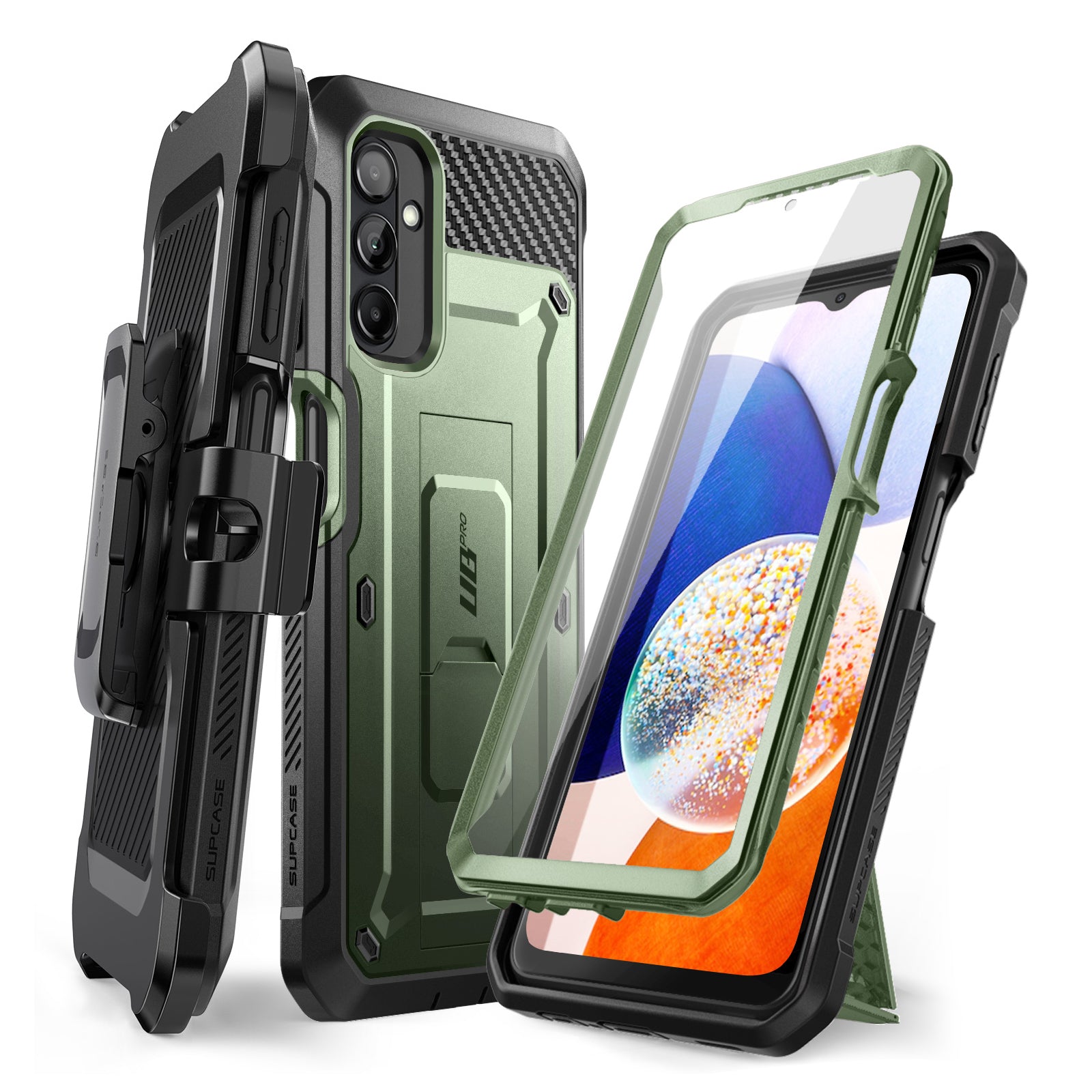 Samsung Galaxy A14 Unicorn Beetle Pro Rugged Holster Case - Heavy Duty Protective Cover with Belt Clip, Dark Green - Perfect for Construction, Outdoor Work & Extreme Sports
