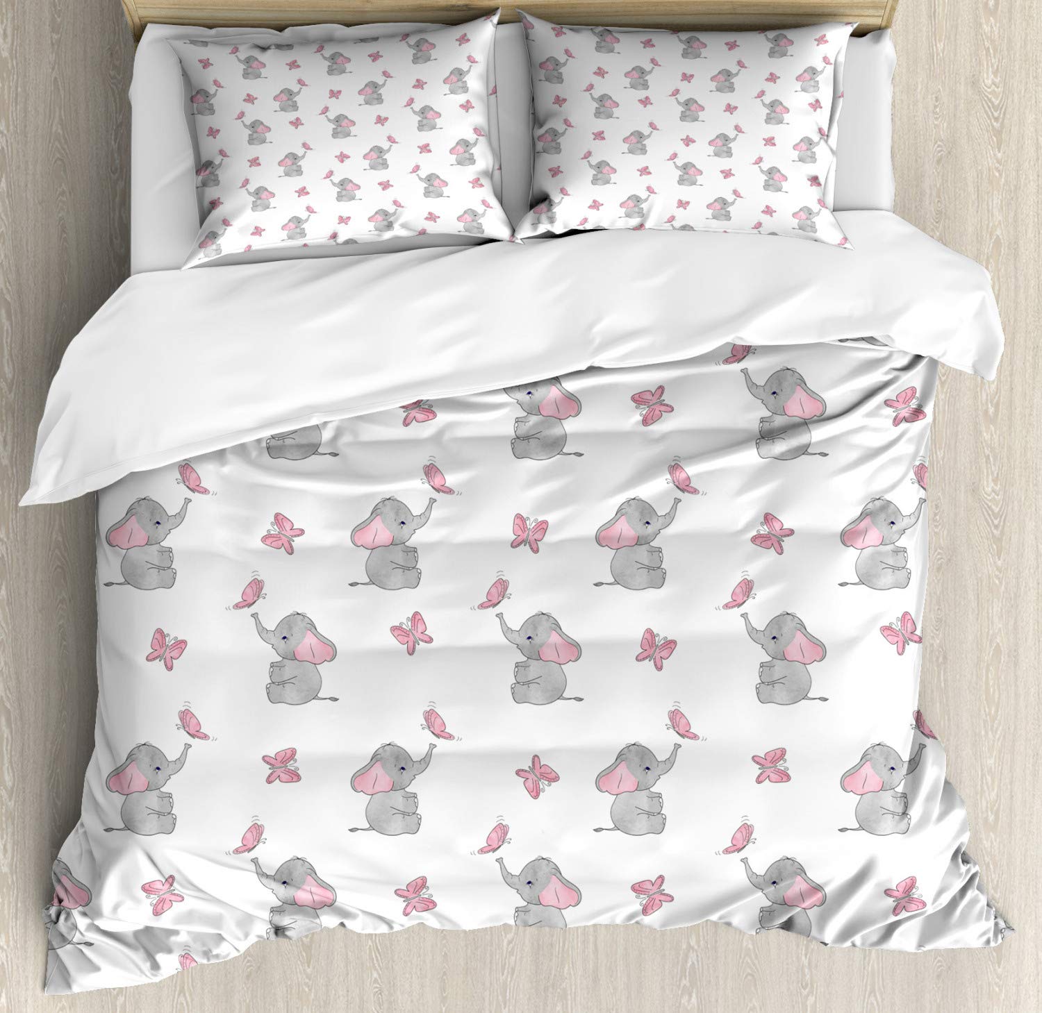 Ambesonne Animal Cartoon Duvet Cover Set - Playing Butterflies Design 3-Piece Bedding with 2 Pillow Shams, California King Size in Pale Pink White & Grey | Soft & Stylish for Kids Room, Guest Bedroom or Dorm Decor