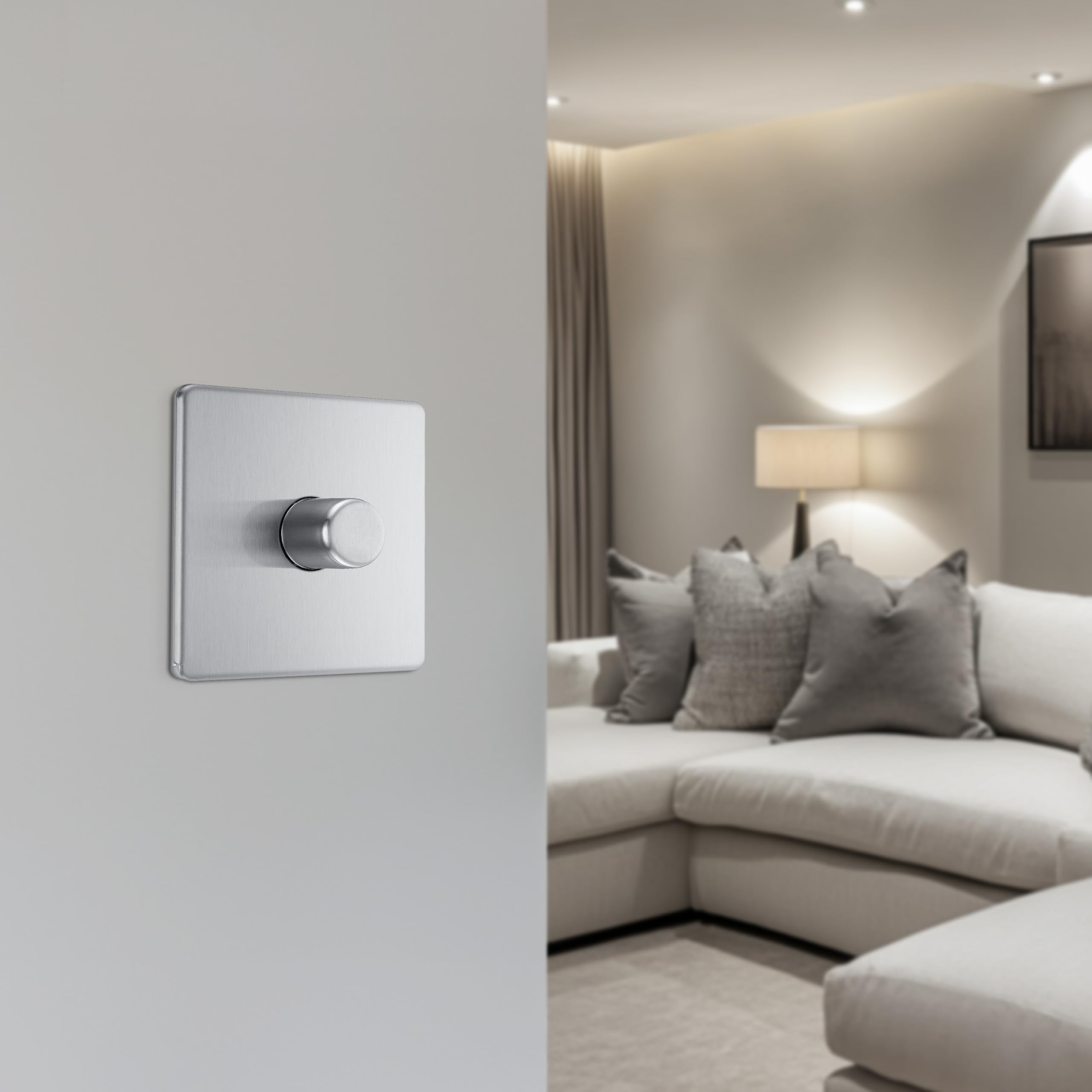 BG Electrical Smart Single Wall Dimmer Switch - 2 Way Screwless Design with Premium Flatplate in Brushed Steel Finish (200W, Model FBS81) - Perfect for Modern Home Lighting Control in Living Rooms & Bedrooms